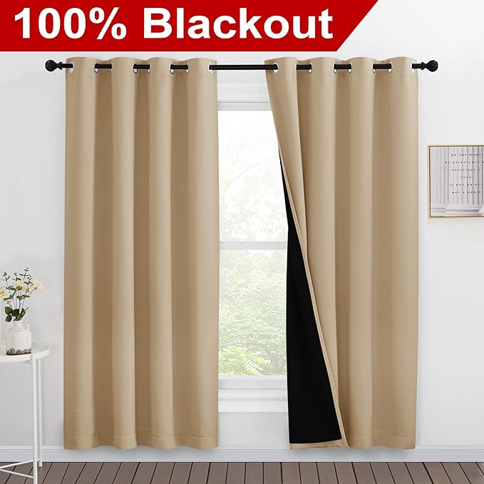 NICETOWN Living Room Completely Shaded Draperies, Privacy Protection & Noise Reducing Ring Top Drapes, Black Lined Insulated Window Treatment Curtain Panels(Biscotti Beige, 2 Pieces, W55 x L78)