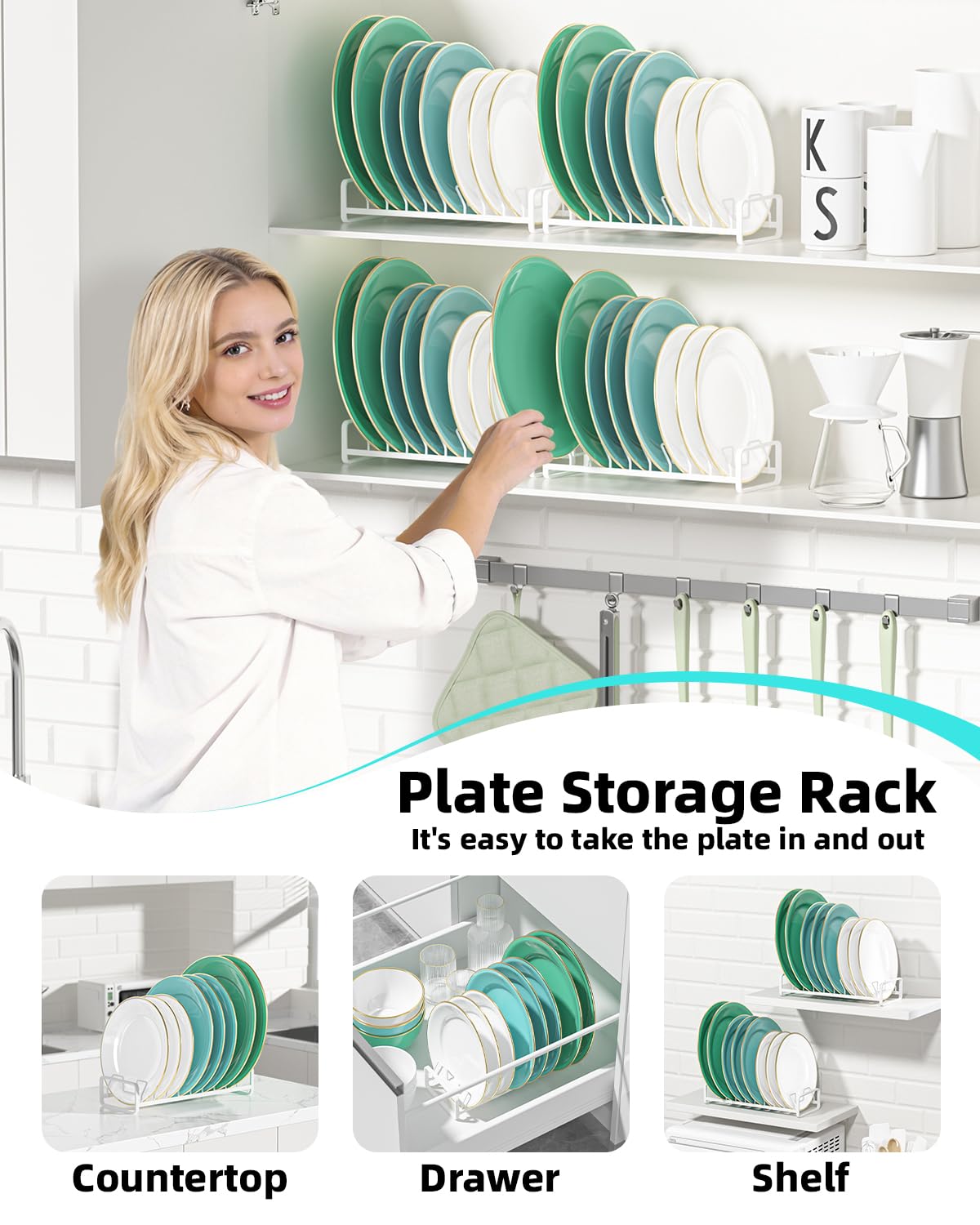 Plate Organizer for Cabinet (2-Pack),Kitchen Dish Rack Organizer for Cabinet Countertop Drawer Space Saver，8 Slots Vertical Plate Holder Storage Rack, Housewarming Kitchen Gifts for Women (White)