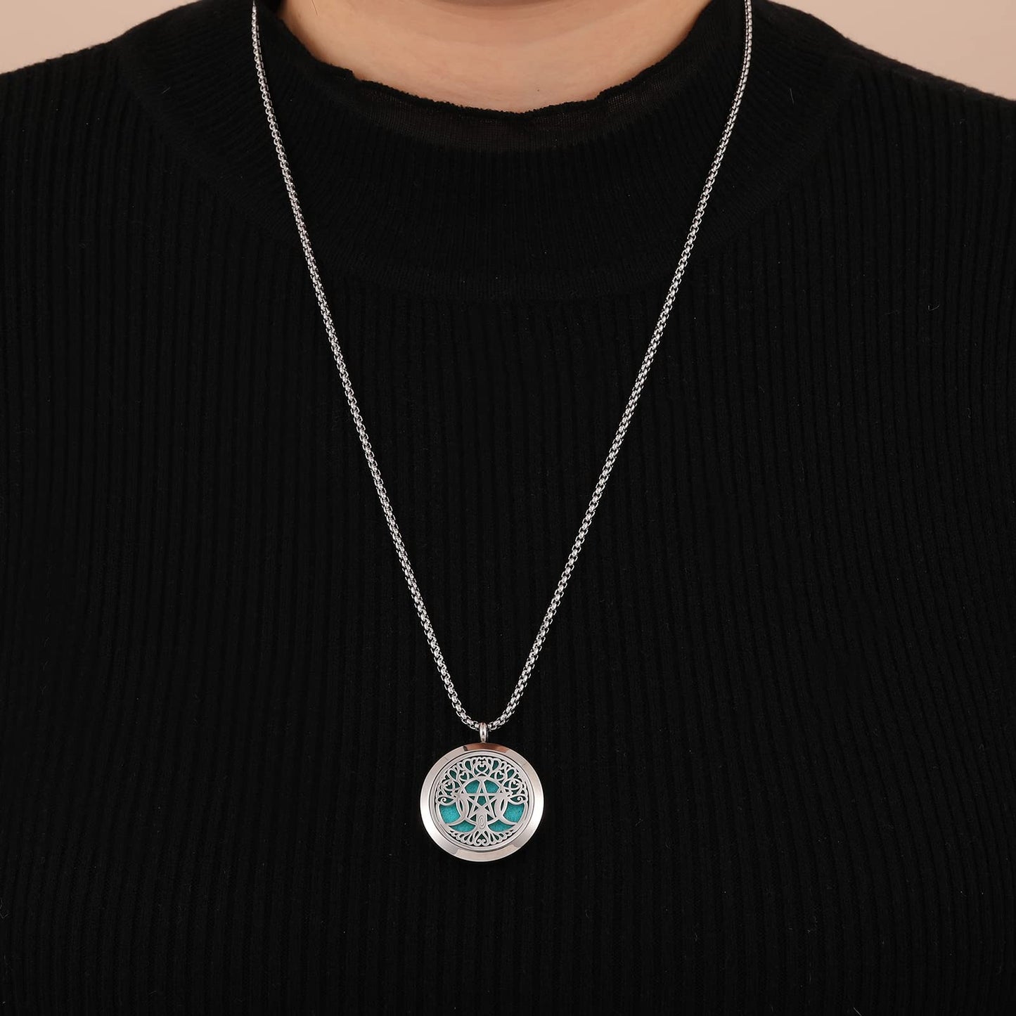Essential Oil Diffuser Viking Necklace - Stainless Steel Locket- Best for Aromatherapy-Perfume, Fragrance, Scent Diffusers for Women and Girls (Life Tree of Moon Star)