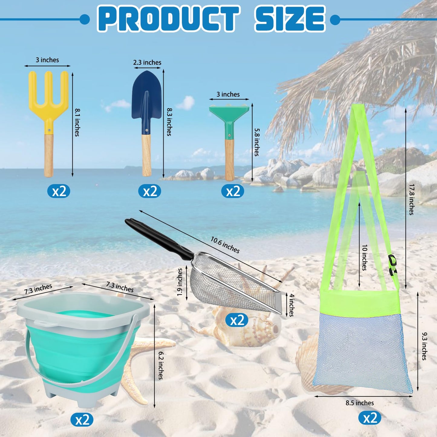 Mototo 12 Pack Beach Toys Set, Collapsible Beach Toys Included Foldable Bucket with Handle Sand Scooper Seashell Bag Mesh Shovel Hand Rake Fork Sand Sifter for Picking Up Shells Vacation Outdoor Play