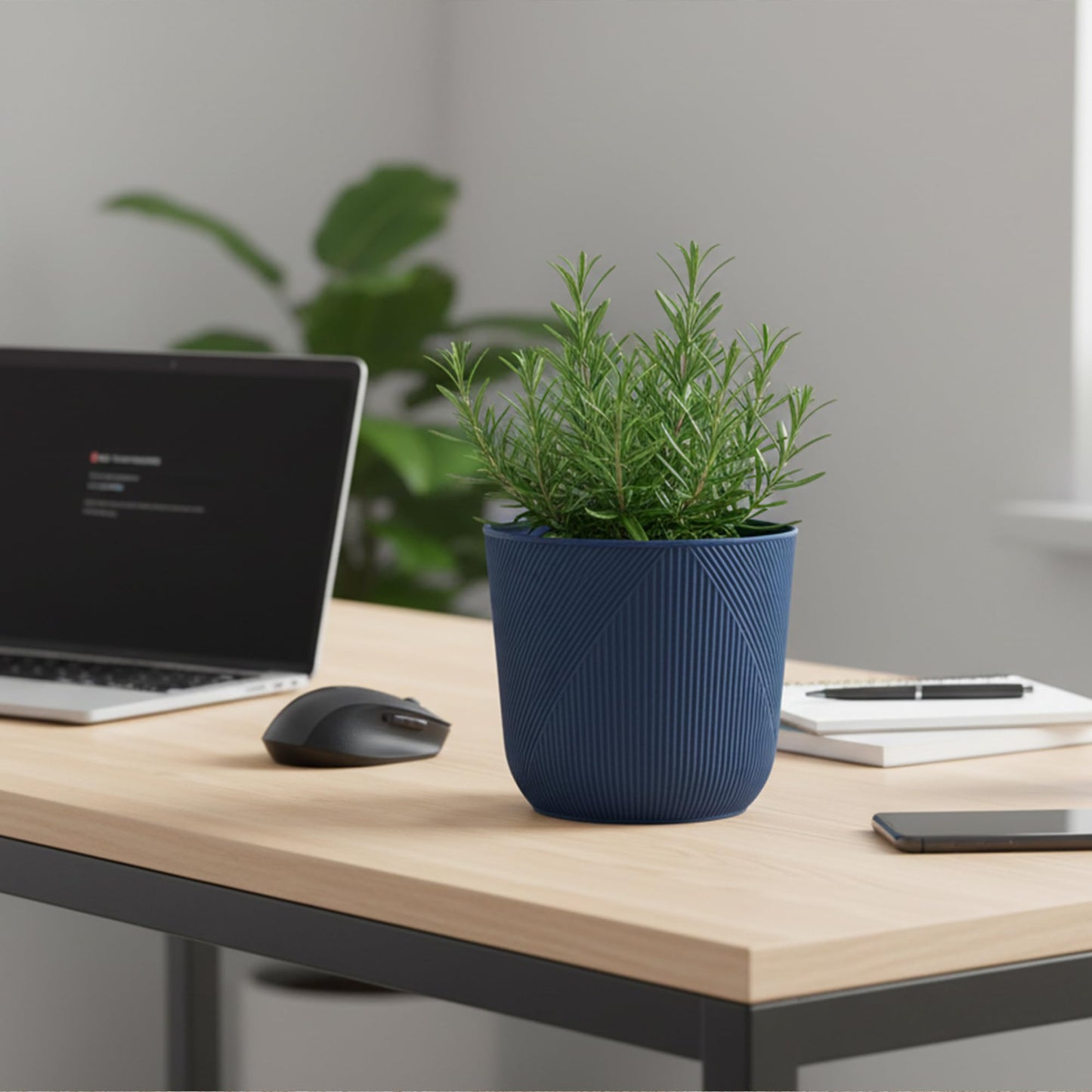Dexceder 10x9 Striped Table Flower Plant Pot with Drainage Hole & Removable Plug (2 Pack, Deep Blue)