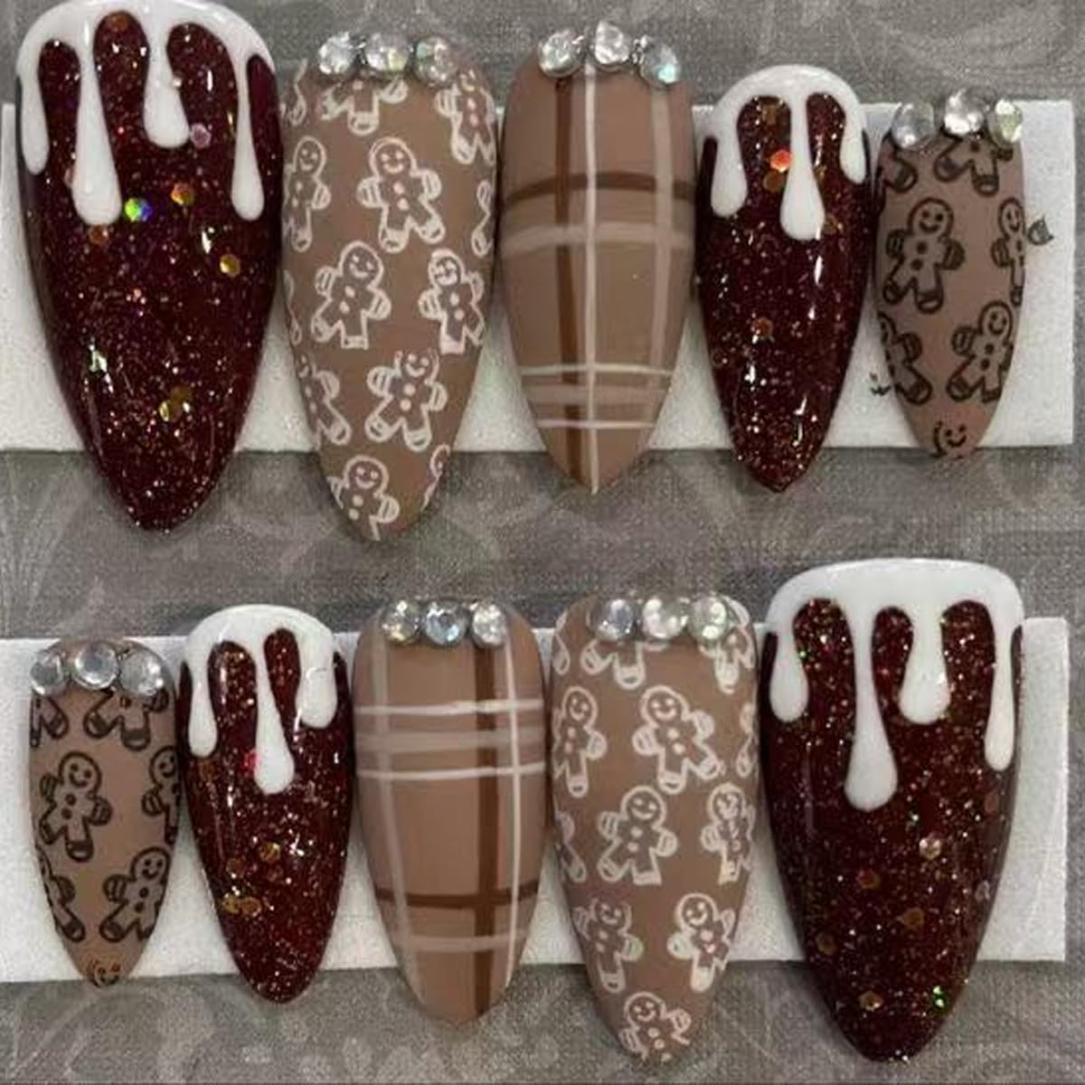 30Pcs Christmas Press on Nails Medium Almond Fake Nails with Rhinestone & Stripe Designs Full Cover Reusable Acrylic Nails Brown Gingerbread Man Xmas False Nails for Women