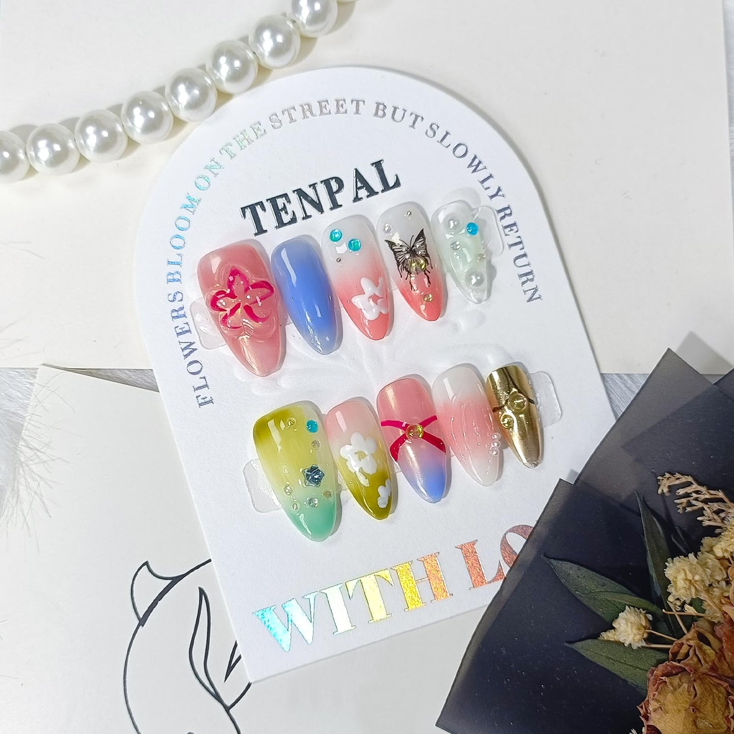 TENPAL Colorful Almond Nails,Handmade Press on Nails,Glossy Pink Green Purple Soft Gel Finished with Flower Butterfly Pattern,Acrylic Glitter Butterfly Nails For Summer(S)