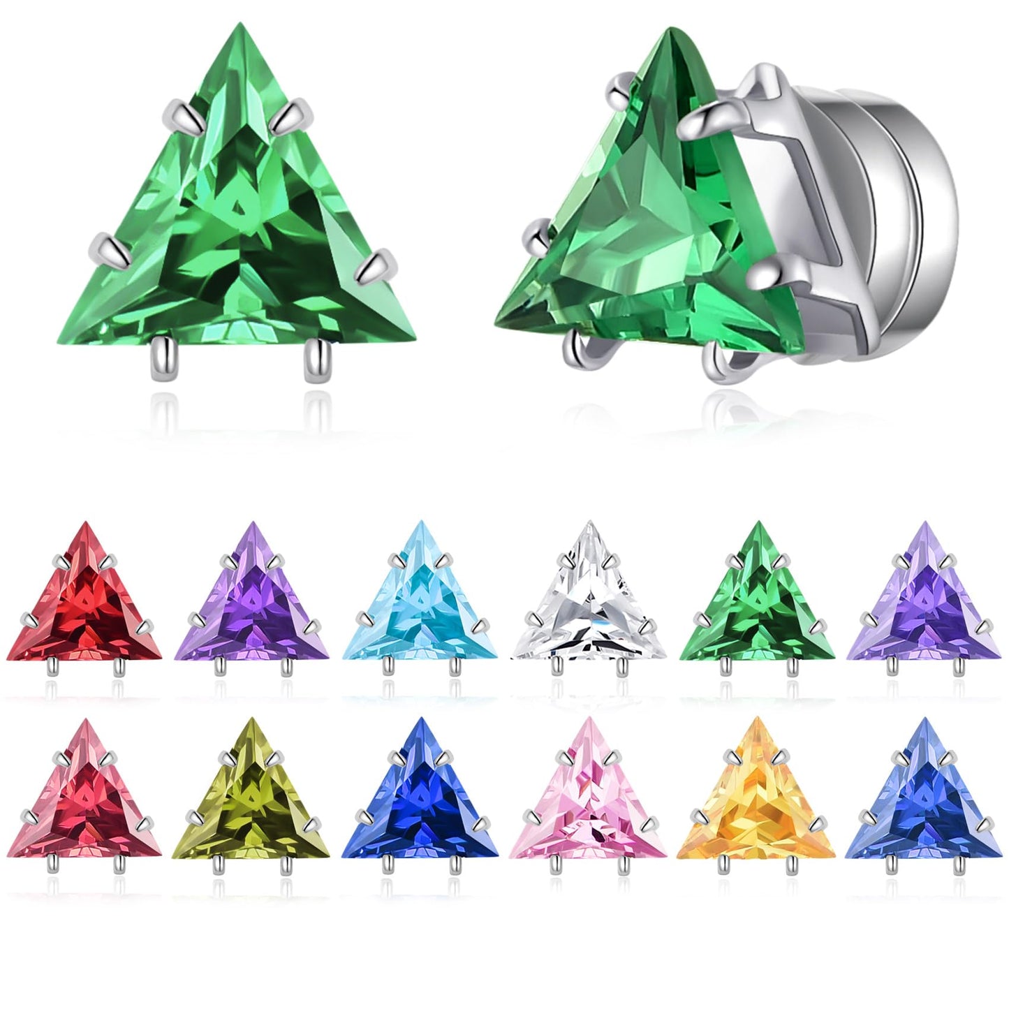 Spiritlele 12 Pairs Birthstone Magnetic Earrings Set Cubic Zirconia Clip on Non Piercing Fake Stud Earrings Birthday Gifts Unisex (Triangle)