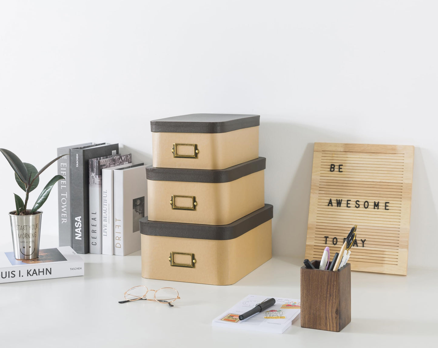 Soul & Lane Kraft Decorative Boxes with Buffalo Leather Lids - Set of 3, Cardboard Memory Boxes for Keepsakes with Bronze Label Holders, Perfect for Home and Office Decor and Organizing