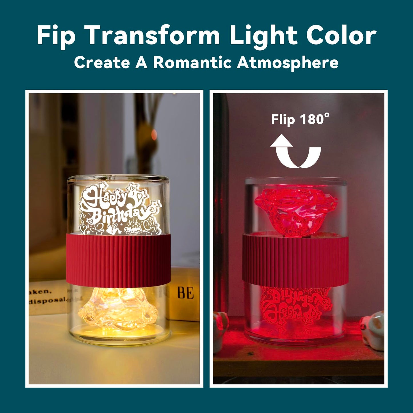 PARYRAY Happy Birthday Light for Table 3D Rose Flip LED Night Lights Color Changing Dimmable USB-C Input Rechargeable Touch Control Birthday Gift Lamps for Women Wife Mom Daughter