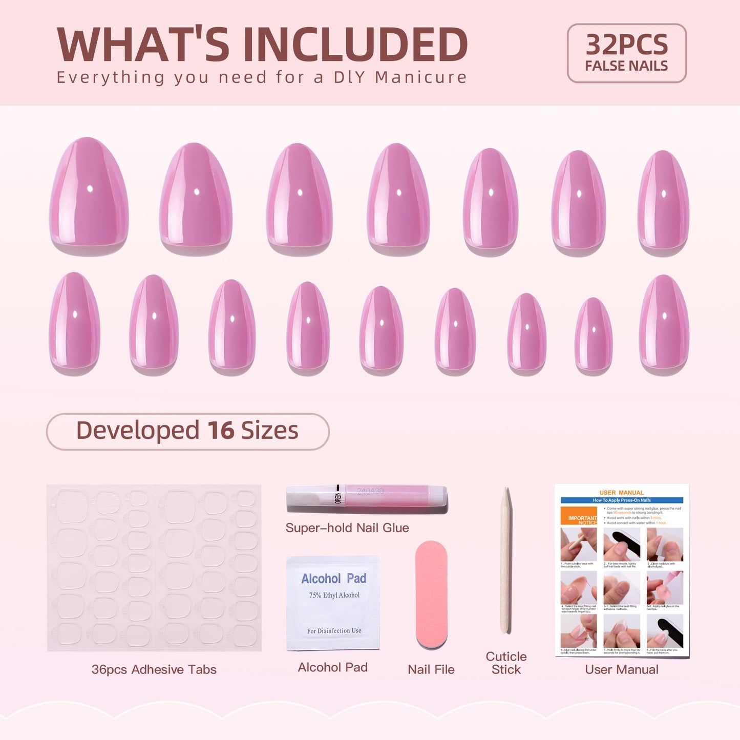 Hrnsnails Almond Shaped Press On Nails, Pink Press On Nails Almond, Glue On Nails Short Fake Nails with Glossy Designs,Acrylic Nails Press On Gel False Nails, Artificial Nails Stick On Nails for Women