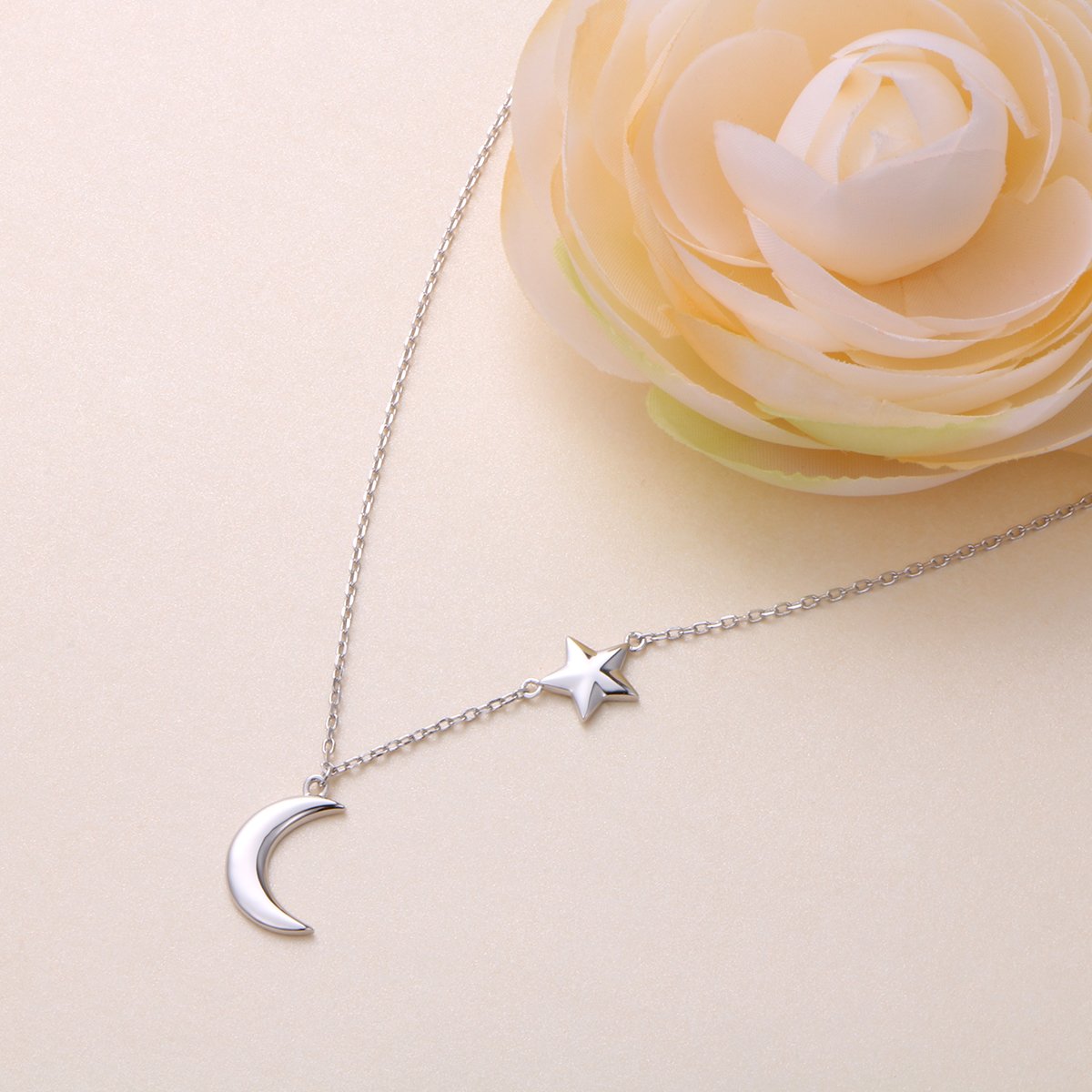 Ladytree S925 Sterling Silver Crescent Moon and Star Jewelry Pendant Necklace,Rolo Chain,18+2"