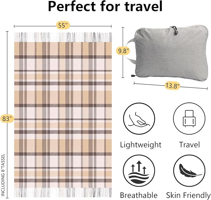 Throw Blanket Plaid with Carry Bag | Soft Wool Travel Blanket 55"x83" 1.5lbs | Beige Plaid Decorative Throw for Couch, Camping & Gift