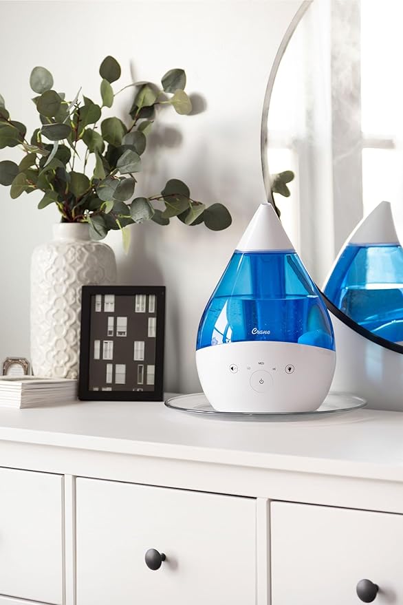Crane 4-in-1 Drop 2.0 Ultrasonic Cool Mist Humidifier with Sound Machine, Night Light, Aroma Tray, 1 Gallon Top Fill, Blue & White