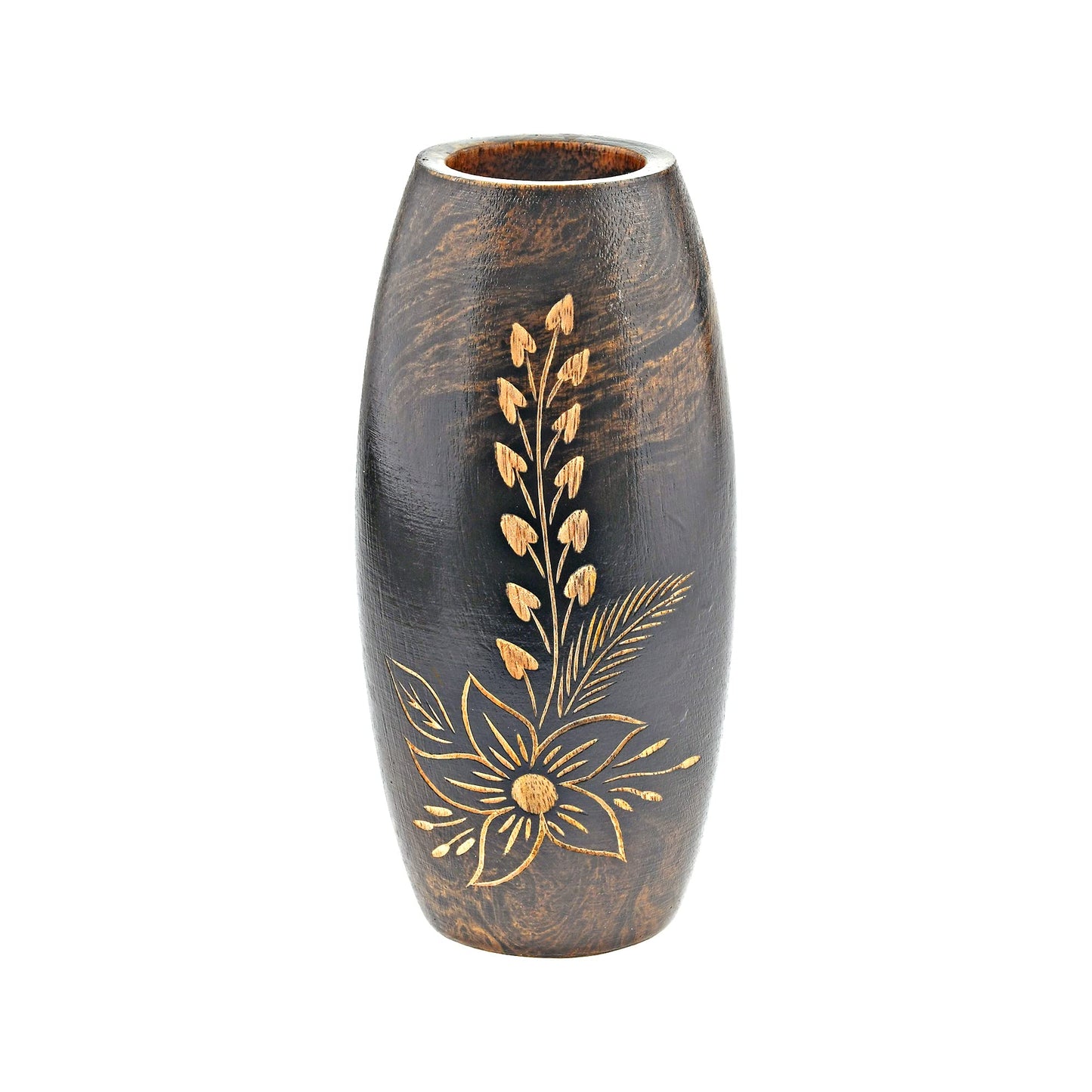 AeraVida Hand-Carved Mango Tree Wood Flower Vase Dark Brown Oval Tabletop Decorative Vase 6 Inch Small Rustic Home Decor for Living Room Dried Floral Display