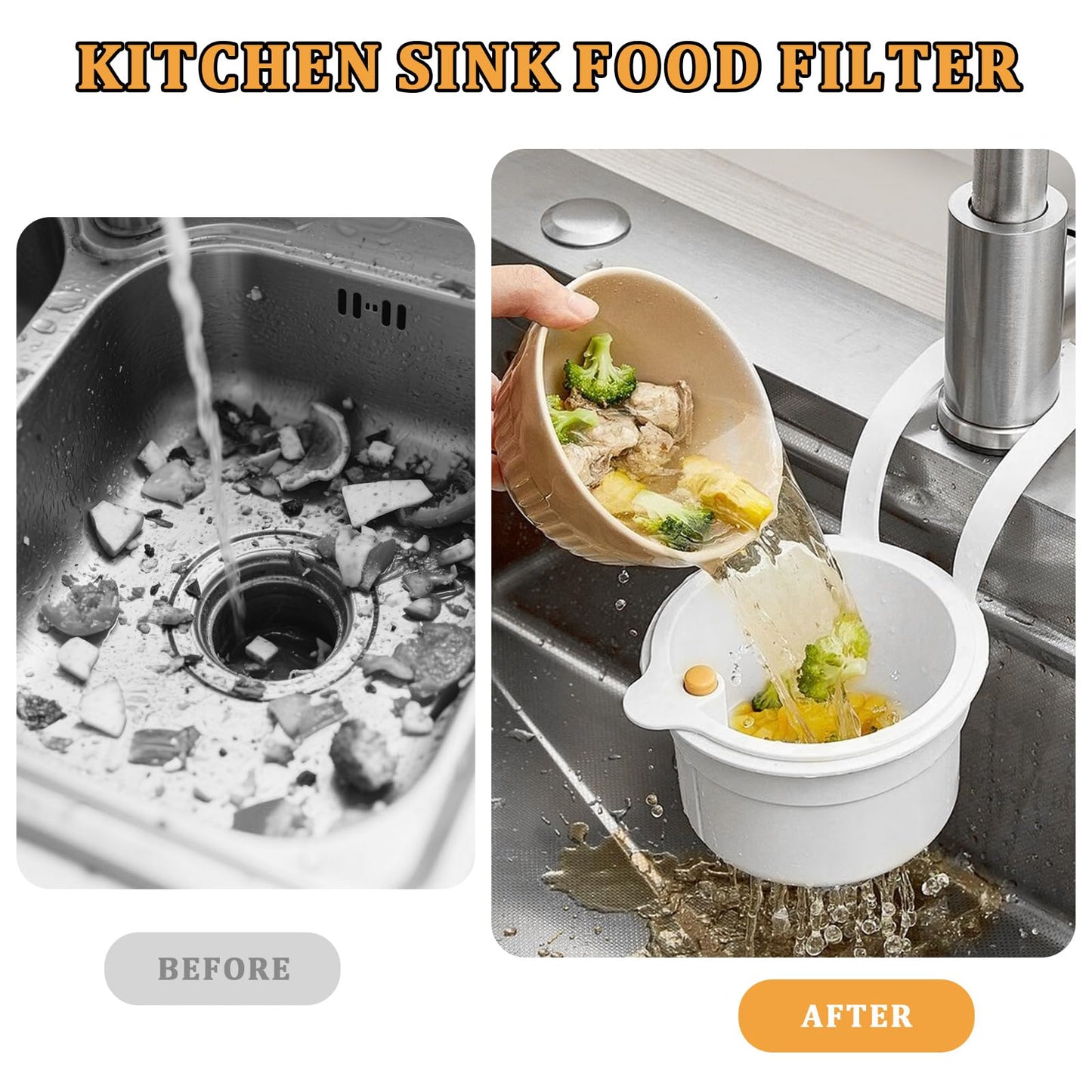 Sink Strainer Basket with One-Touch Drain Mesh, Snap-On Strap & Detachable Design – Kitchen Sink Food Scrap Filtering Storage Organizer (White)