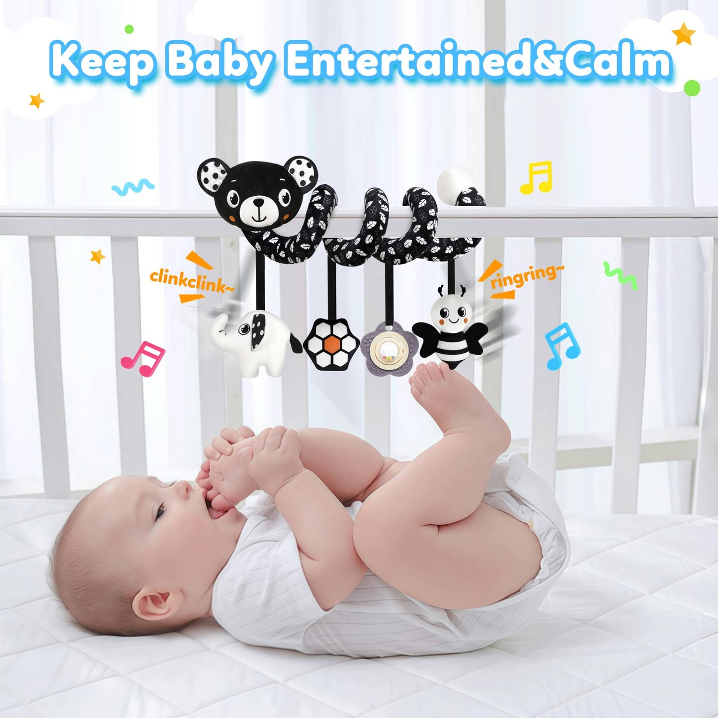 GKDOMS Baby Carseat Toy Black & White Rattle Spiral Hanging Activity Stroller Toy for Newborns Boys and Girls - Bear