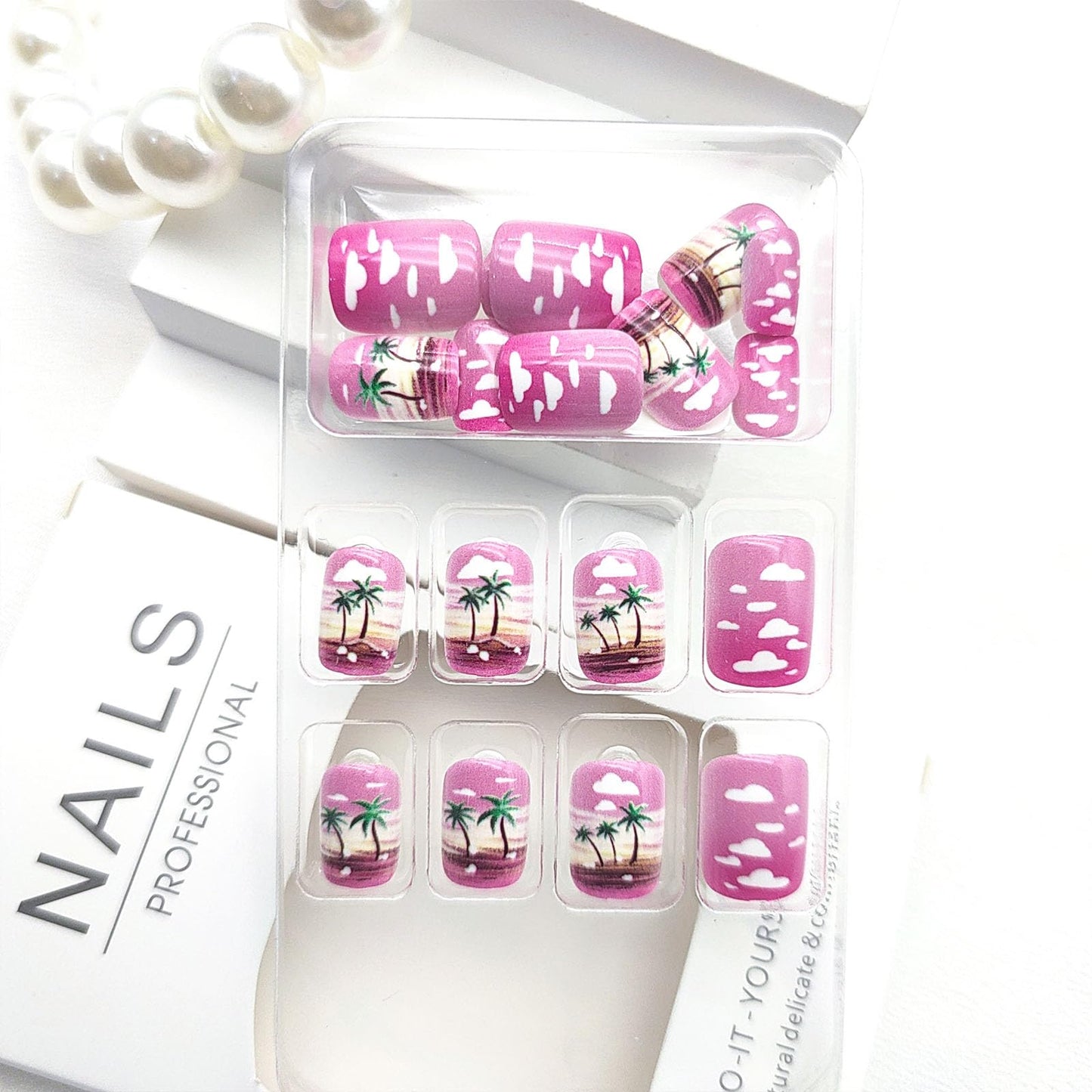 Pink Press on Nails Short Square Fake Nails with Palm Tree Designs Nails Press ons Ombre Glue on Nails Glossy Acrylic Nails Summer Stick on Nails for Women 24Pcs