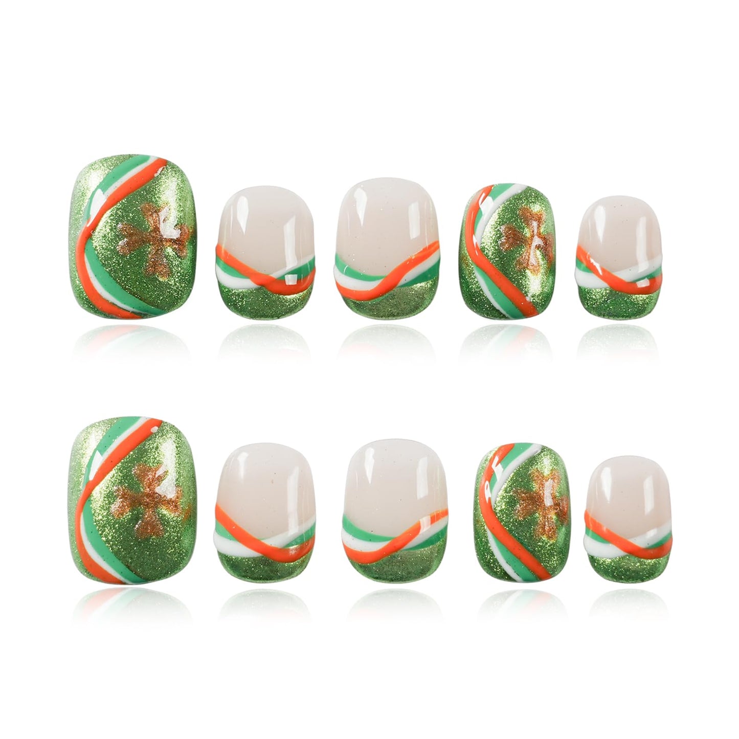 Tesytto Short Round Press On Nails, Green Glitter with Multicolor Line & Gold Clover Accents, Handmade Reusable Full Cover Nail Art (Size M)