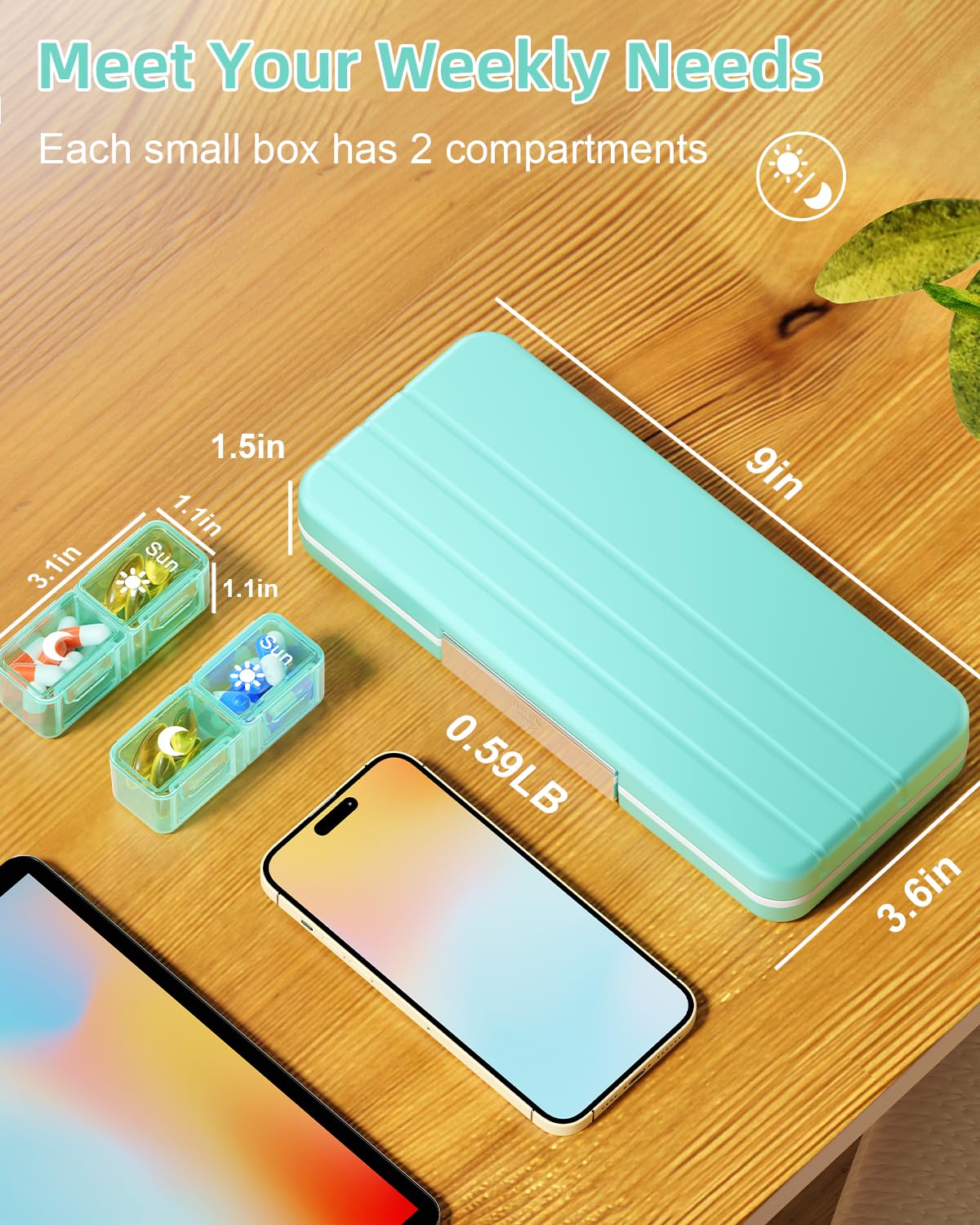 AM PM Pill Organizer 2 Times A Day, 7 Day Pill Box Weekly Pill Organizer Travel with Separate Container, Portable Daily Medicine Planner Dispenser Case for Vitamin, Fish Oils, Supplements（Green）