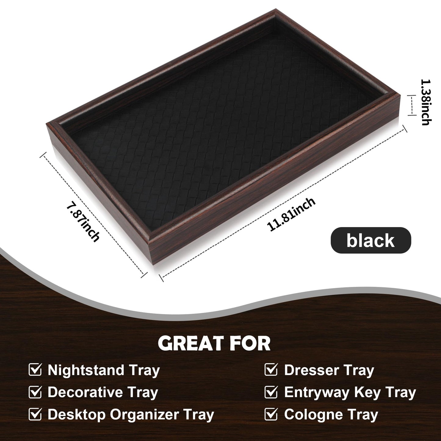 Zosenley Wooden Valet Tray with Leather Base - Nightstand Catchall Organizer for Cologne, Perfume, Keys, Wallet, Phone, Watch, Jewelry & Sunglasses (2Pcs Black)