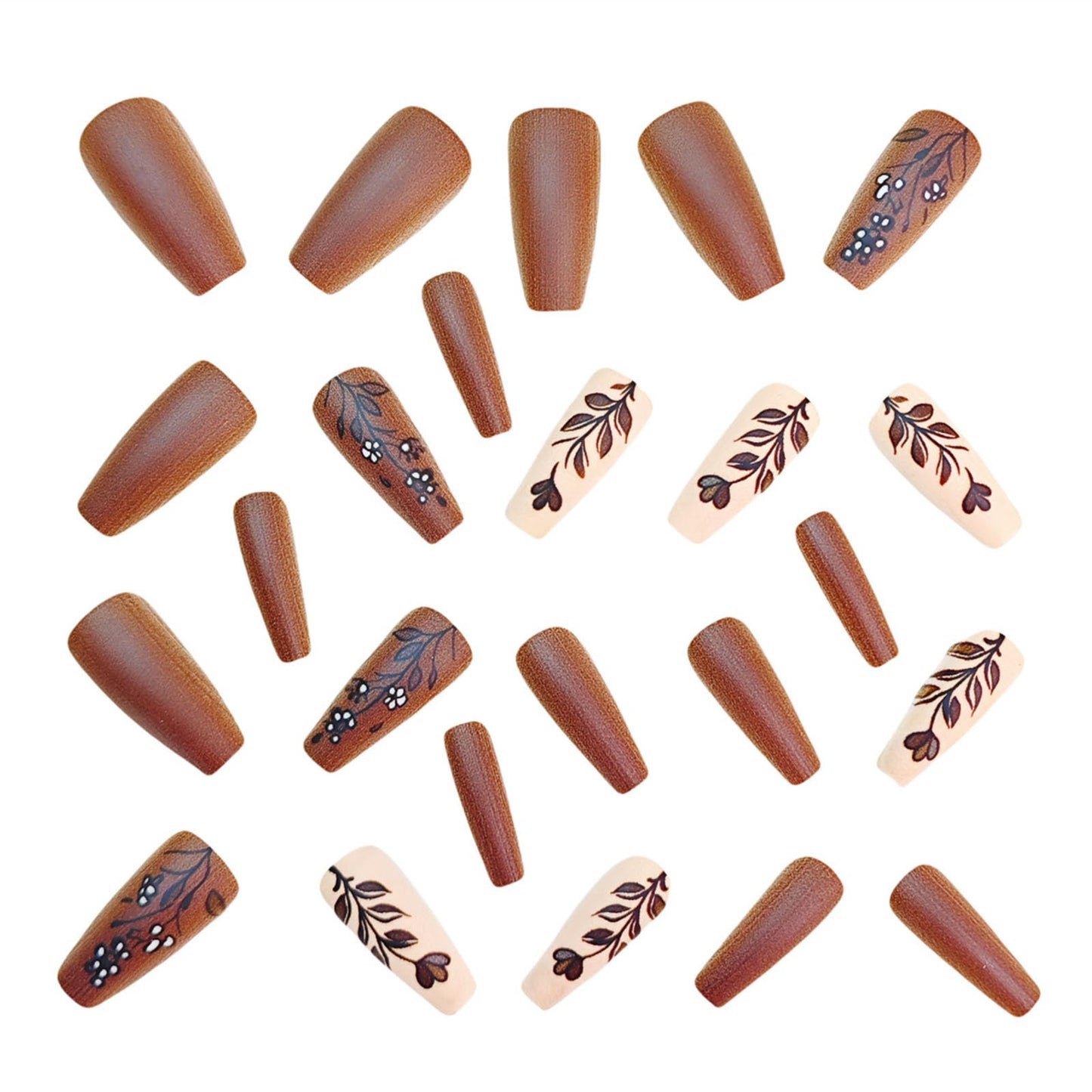 Fall Press on Nails Medium Coffin Fake Nails with Leaves Flower Designs Matte Glue on Nails Brown Nails Press ons Autumn Acrylic Artificial Stick on Nails for Women 24Pcs