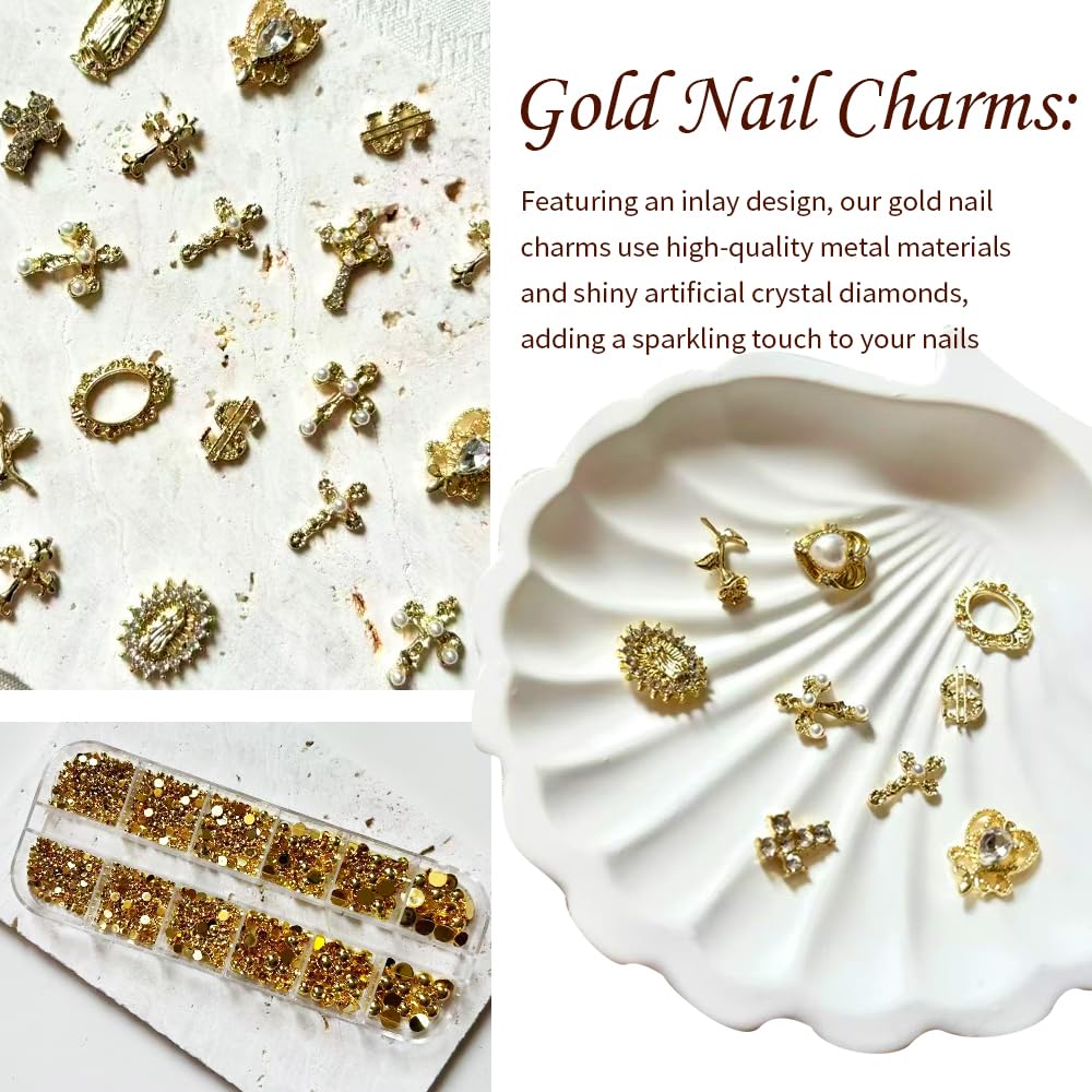 TmoGllp 3D Cross Nail Charms, Gold Flat-Back Bead Charms for Nails, Nail Charms and Gems for Nail Art DIY Design, Nail Rhinestones Accessories Bulk (Gold)