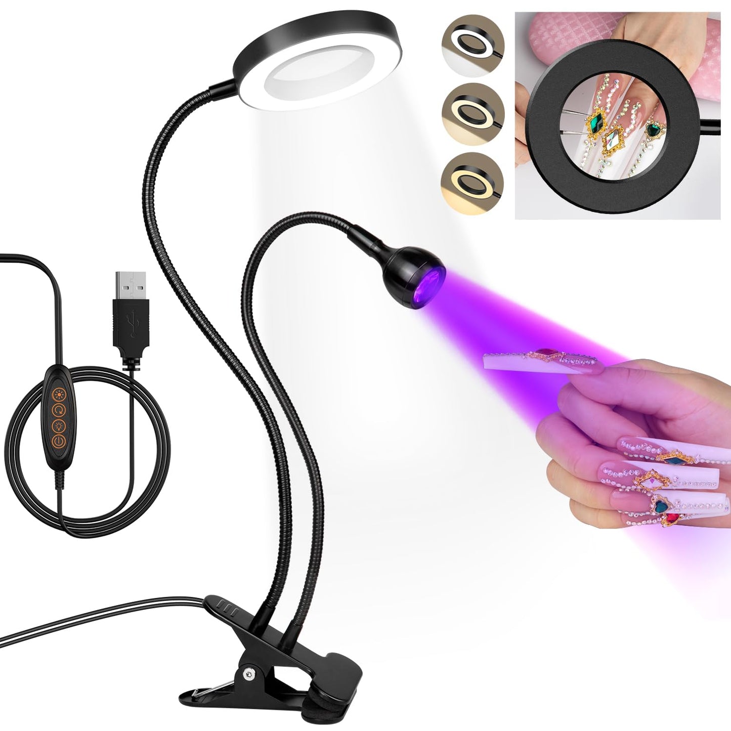 AORAEM LED UV Nail Lamp: Double-Headed Gooseneck UV Lamp for Gel Nails, LED Flash Cure Lamp with 6X Magnifier Home DIY Salon, Black