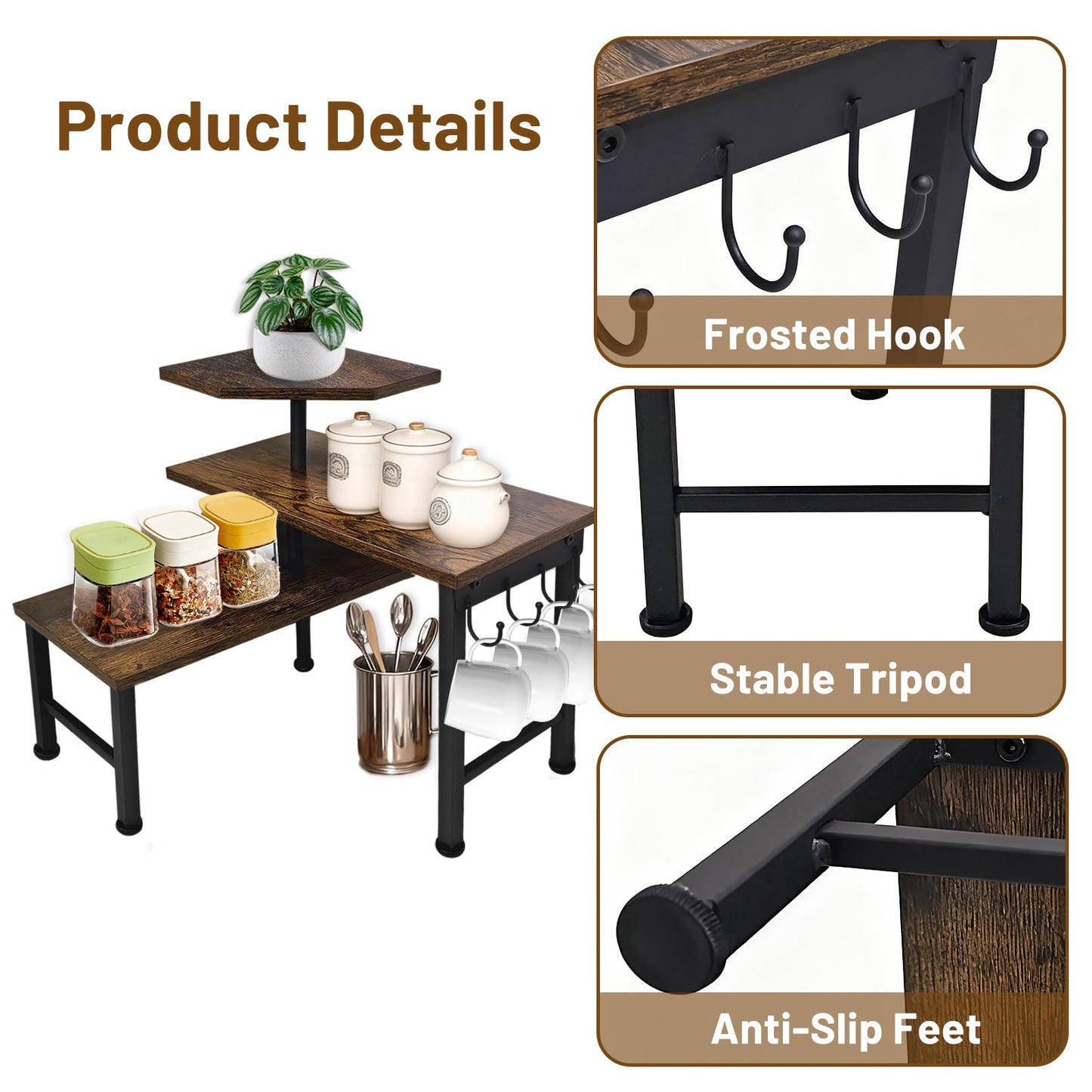 Uniqcovosa Kitchen Countertop Organizer, 3 Tier Moveable Corner Shelf Kitchen Shelf with Hook, Countertop Organizer for Bathroom, Spice Rack, Bookshelf, Coffee Area, Dresser Table (Brown)