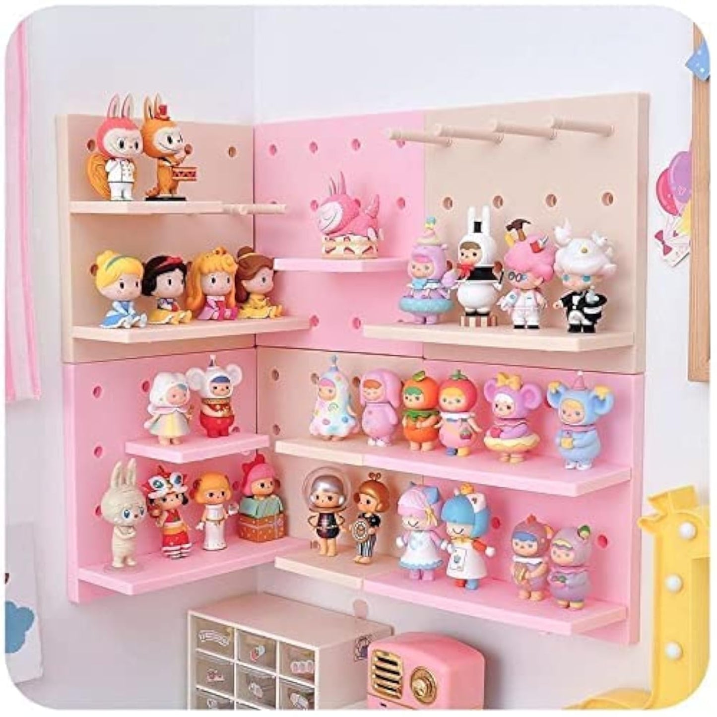 HGYZE Peg Boards for Wall with Shelf & Hooks, No Punching Craft Storage, Small Pegboard Ledges Organizer for Hanging Keychains, 4 Pack Decorative Wall Panel Kits for Blindboxes Lightweight Dolls, Pink