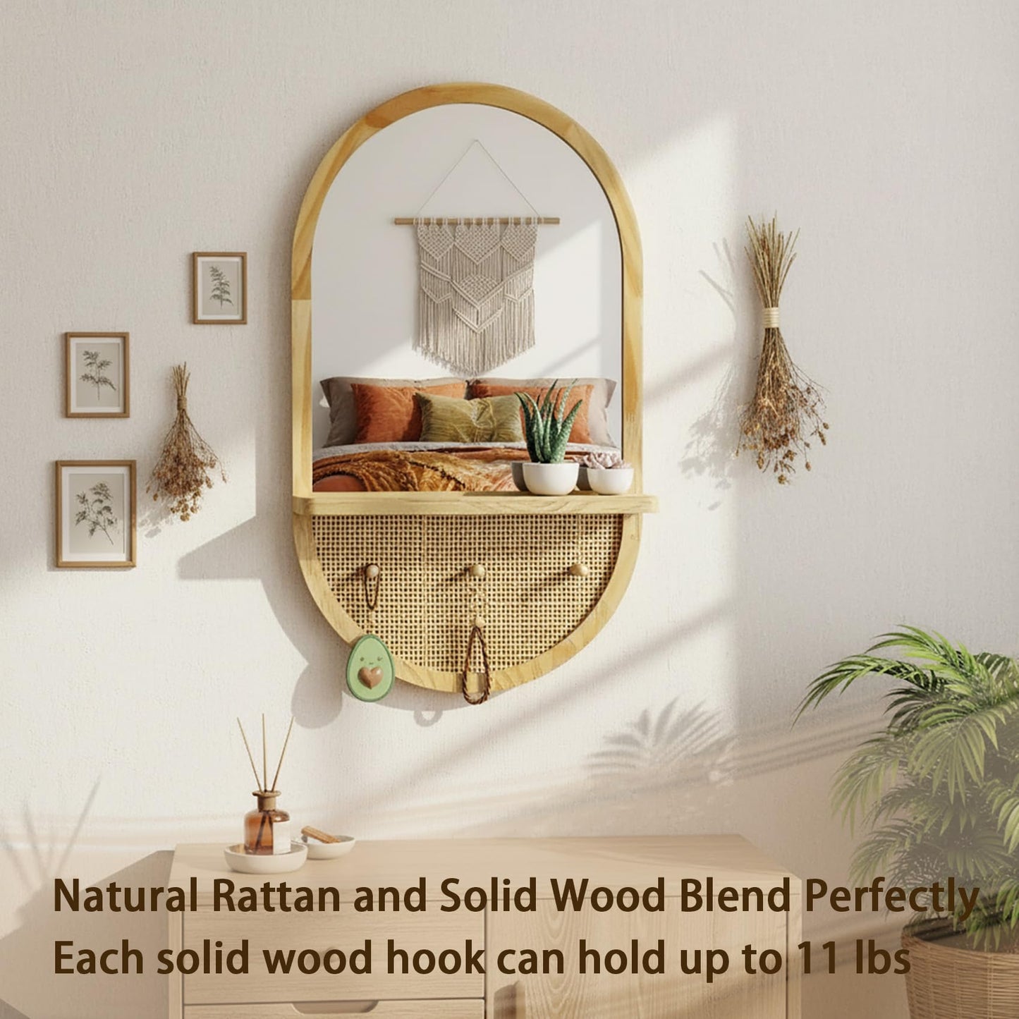 YXDXF Wood Wall Mirror with Hooks, 30x18 Inch Boho Wall Mirror with Removable Shelf, Oval Solid Wood Framed, Handmade Rattan Mirror Decor Accent for Entryway, Bathroom, Nursery, Bedroom, Living Room