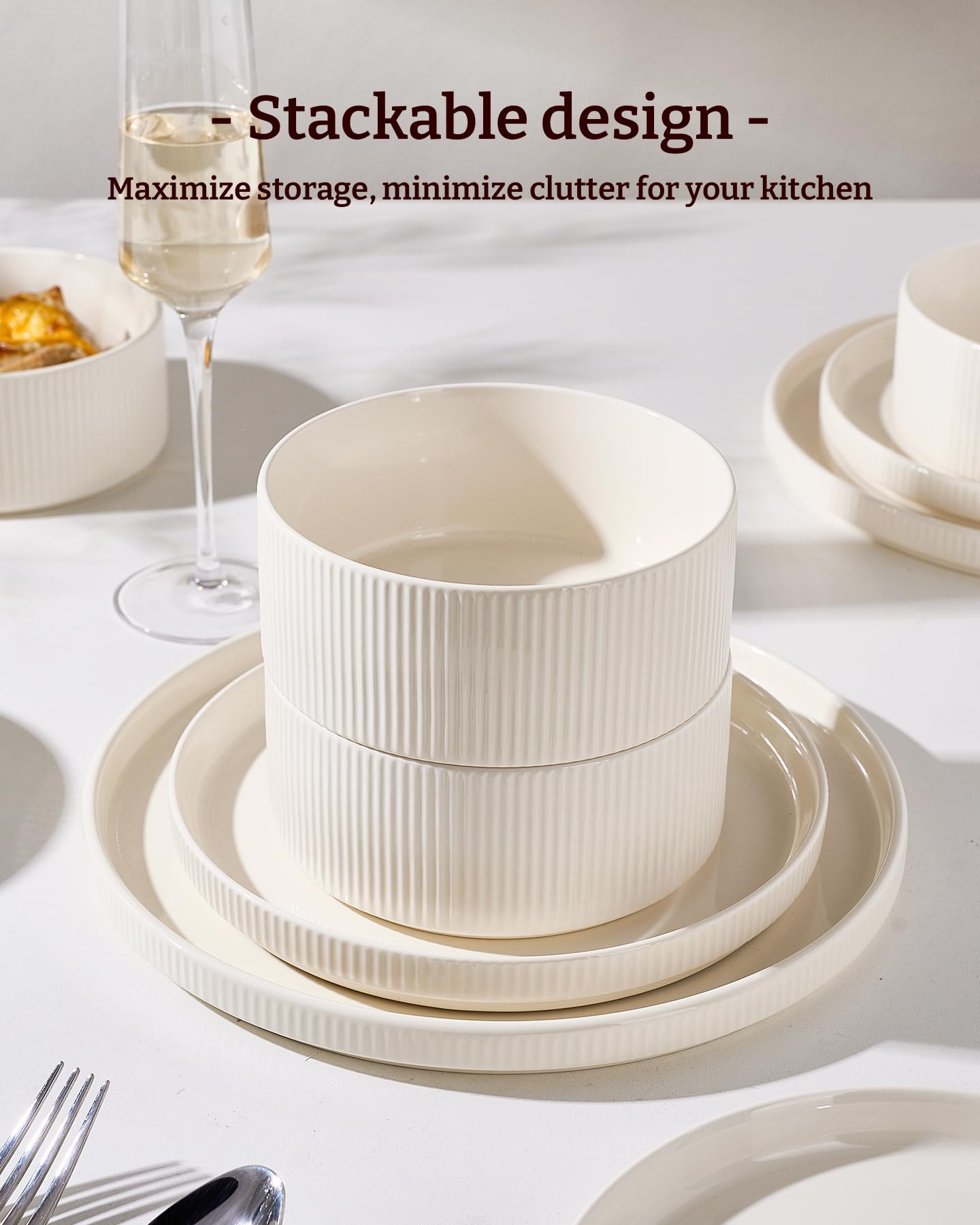 Richmount Star 12-Piece Plates and Bowls Set, Porcelain Dinnerware Sets for 4 Service, Modern Dish Set-Chip and Scratch Resistant, Dishwasher & Microwave Safe, Creamy White