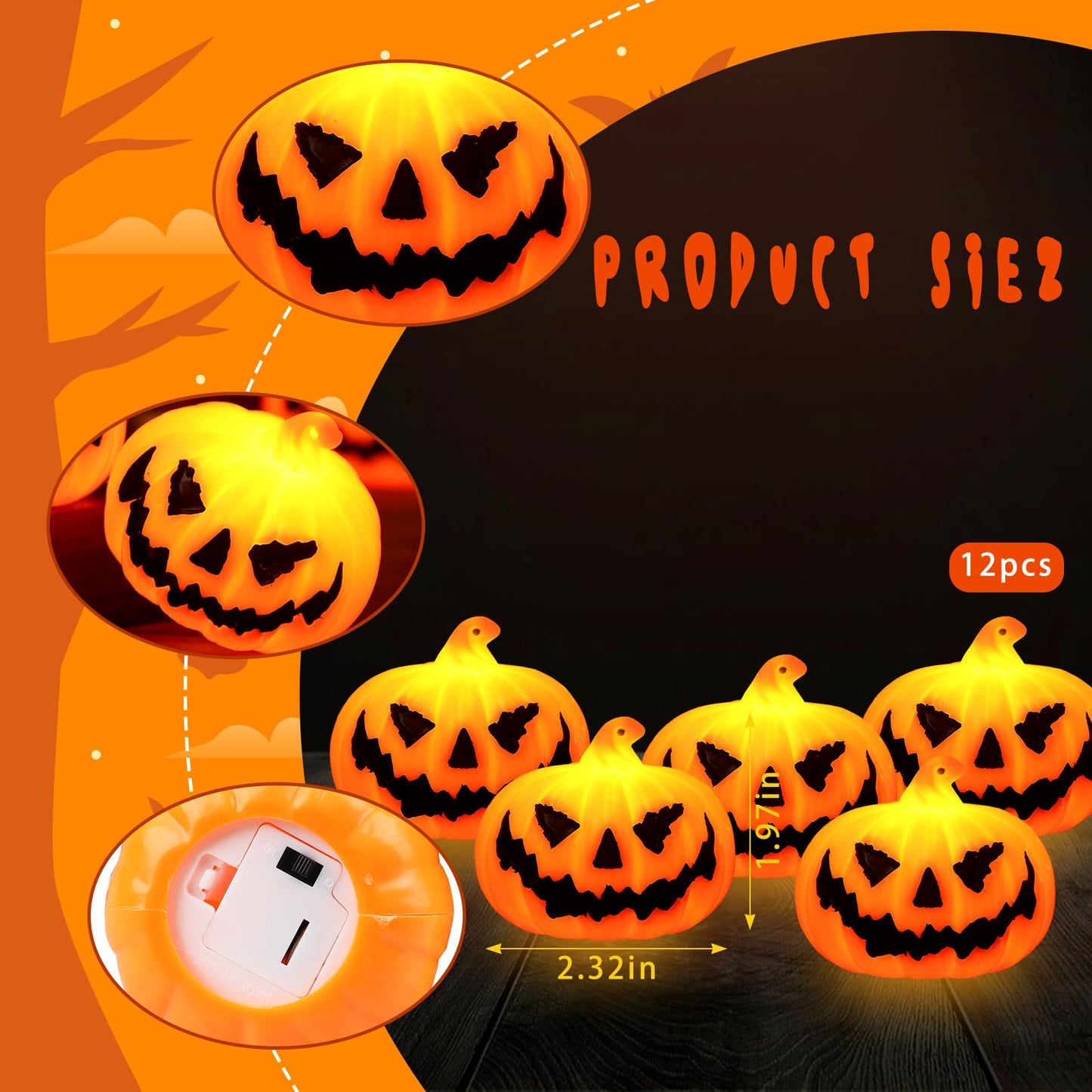 Blinket 12PCS Mini Flameless Jack-o'-Lantern Pumpkin Candle for Indoor Home Decoration, Spooky Tea Light for Halloween Party Supplies Gifts Table Decor