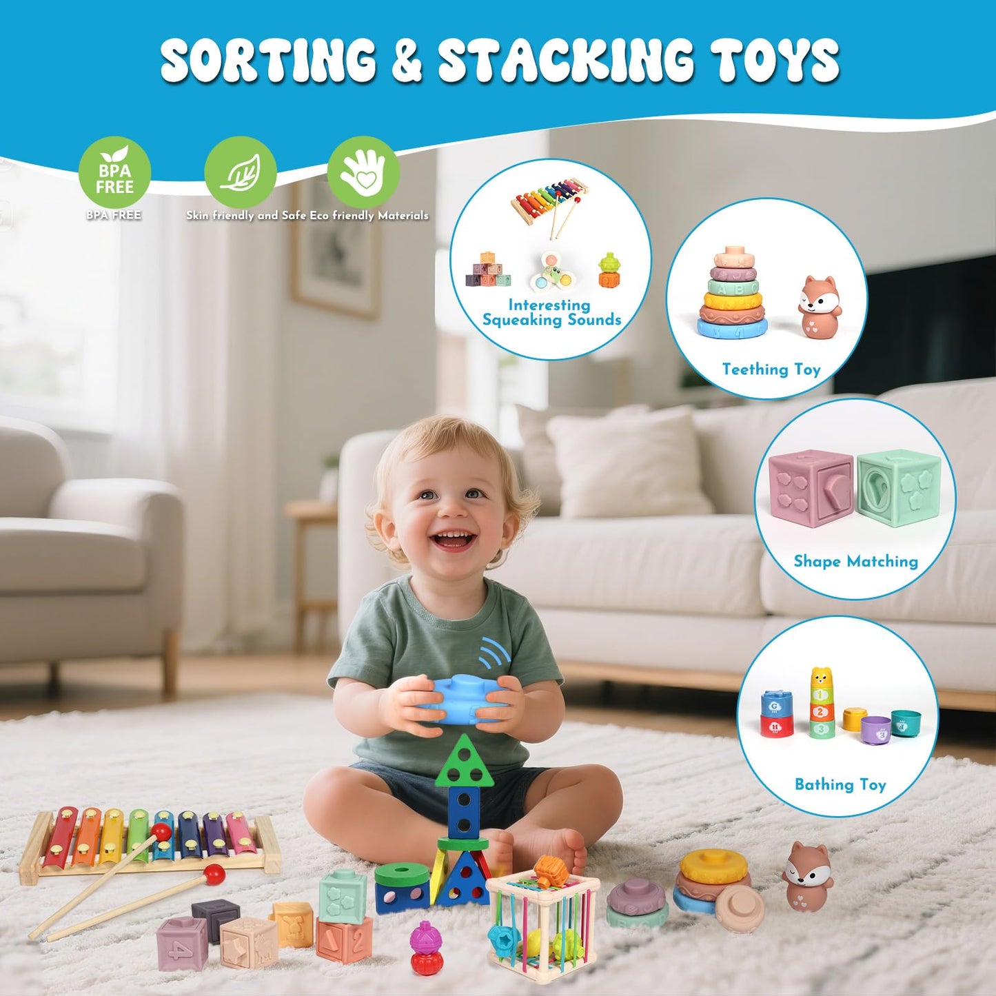 LearnToy Baby Toys 18-36 Months, Montessori 7-in-1 Activity Set - Stacking Blocks, Infant Teething Toy & Sensory Bin, Baby Boys & Girls Gifts