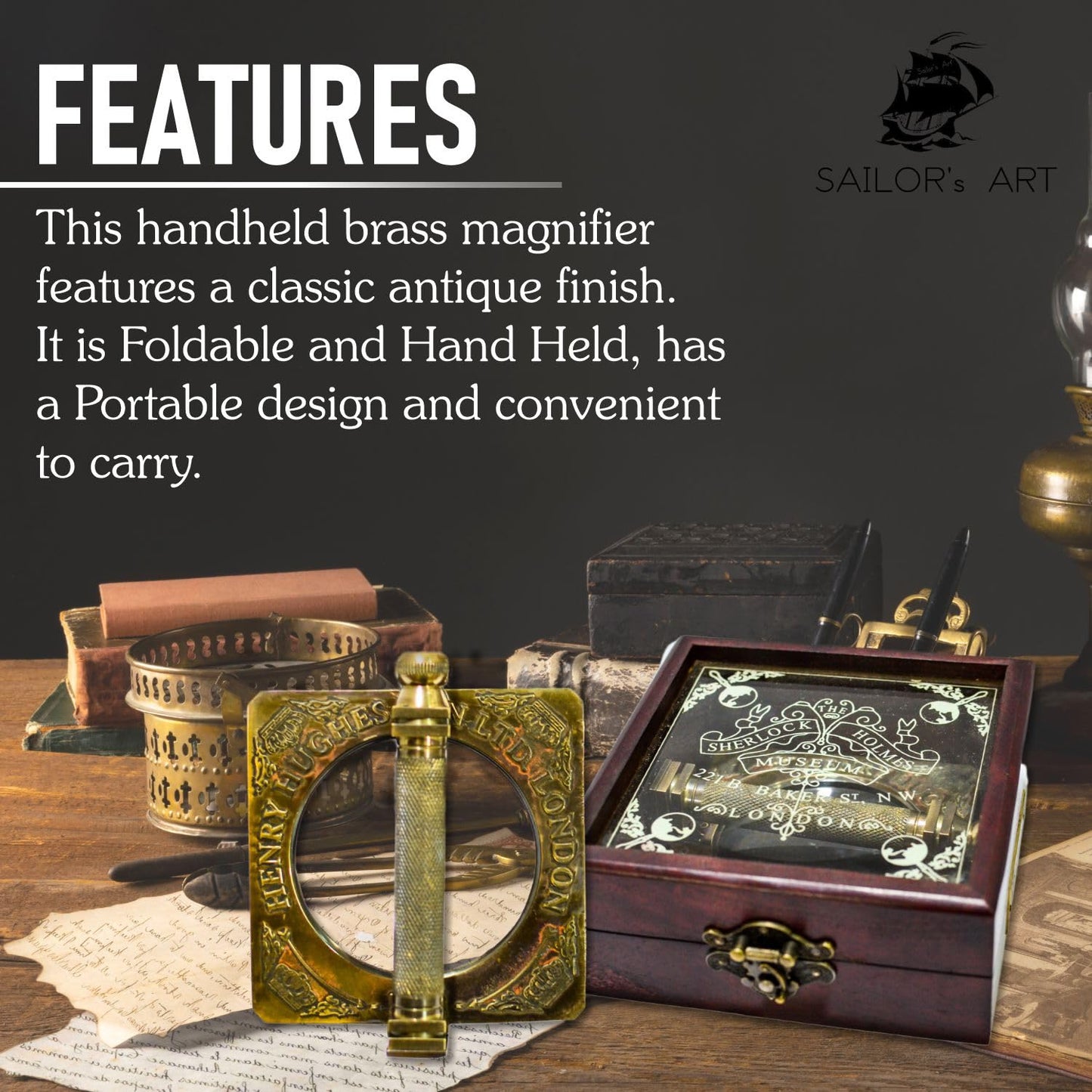 Sailor's Art Antique Brass Sherlock Holmes Fancy Magnifying Glass Handheld Decorative Handle with Wooden Box- Consulting Detective Home Decor- Decorative Design Science Students Detective kit