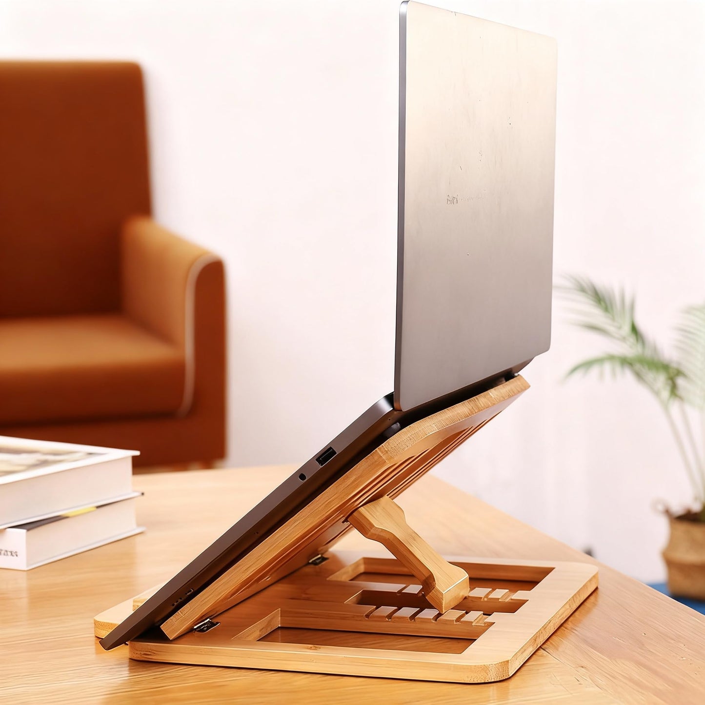 XIKEMADI Bamboo Foldable Laptop Stand Holder, 6-Level Adjustable Ergonomic Notebook Riser with Heat Dissipation for 10-17 Inch Laptops, MacBook, Tablet