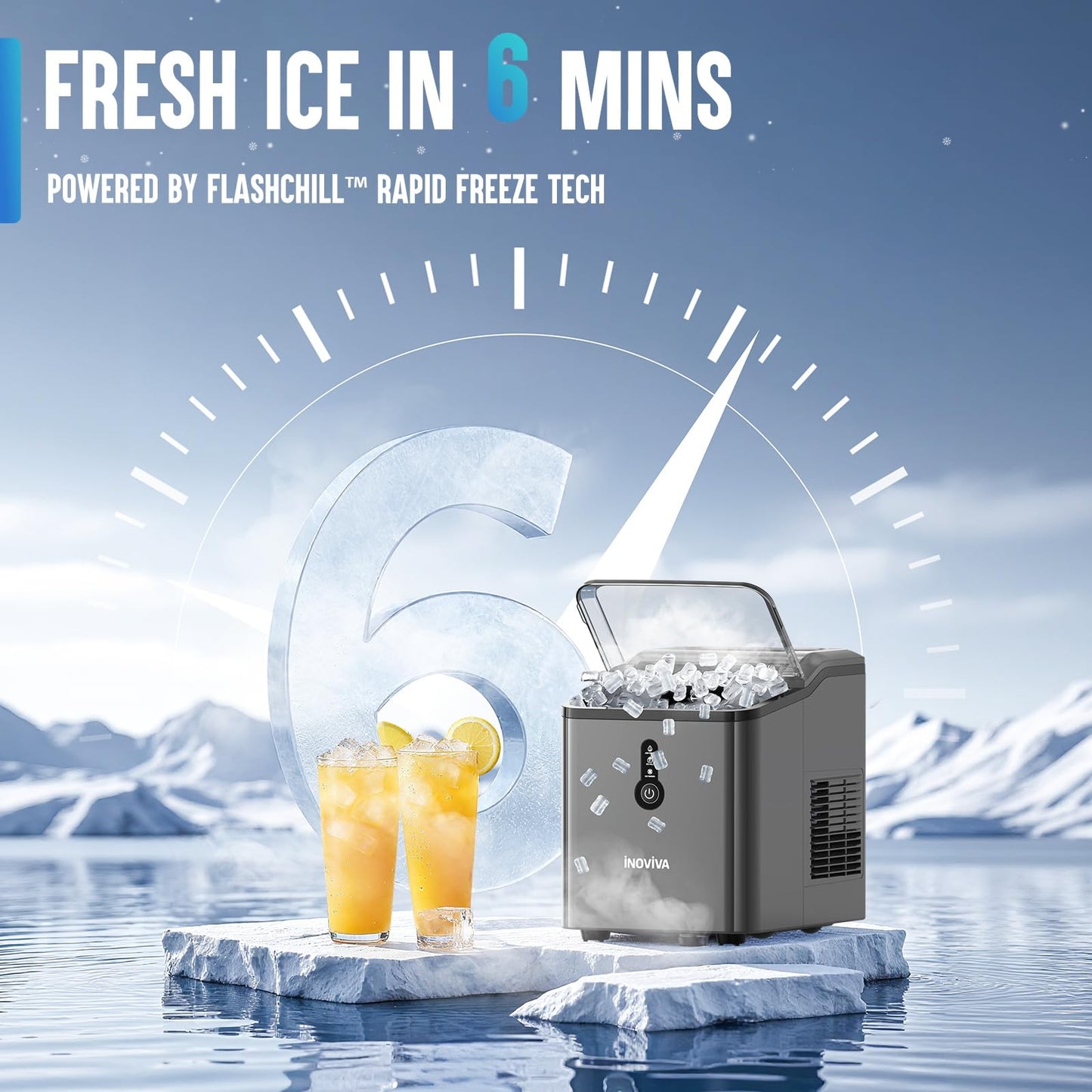 INOVIVA Nugget Ice Maker Countertop – 6 Mins Fast Ice Production, FLASHCHILL™, 26.5 LBS/Day, Self-Cleaning, Compact Portable Design, Ideal for Home, Office & Parties