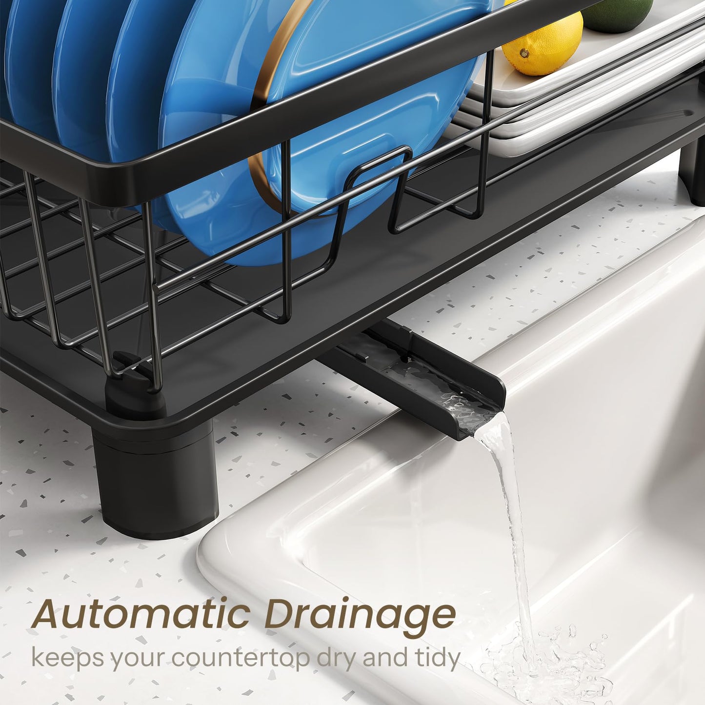SNTD Dish Drying Rack - Space-Saving Dish Rack for Kitchen Counter, Stainless Steel Dish Drainer with Utensil Holder and Drainboard, 11" W x 15" L (Black)