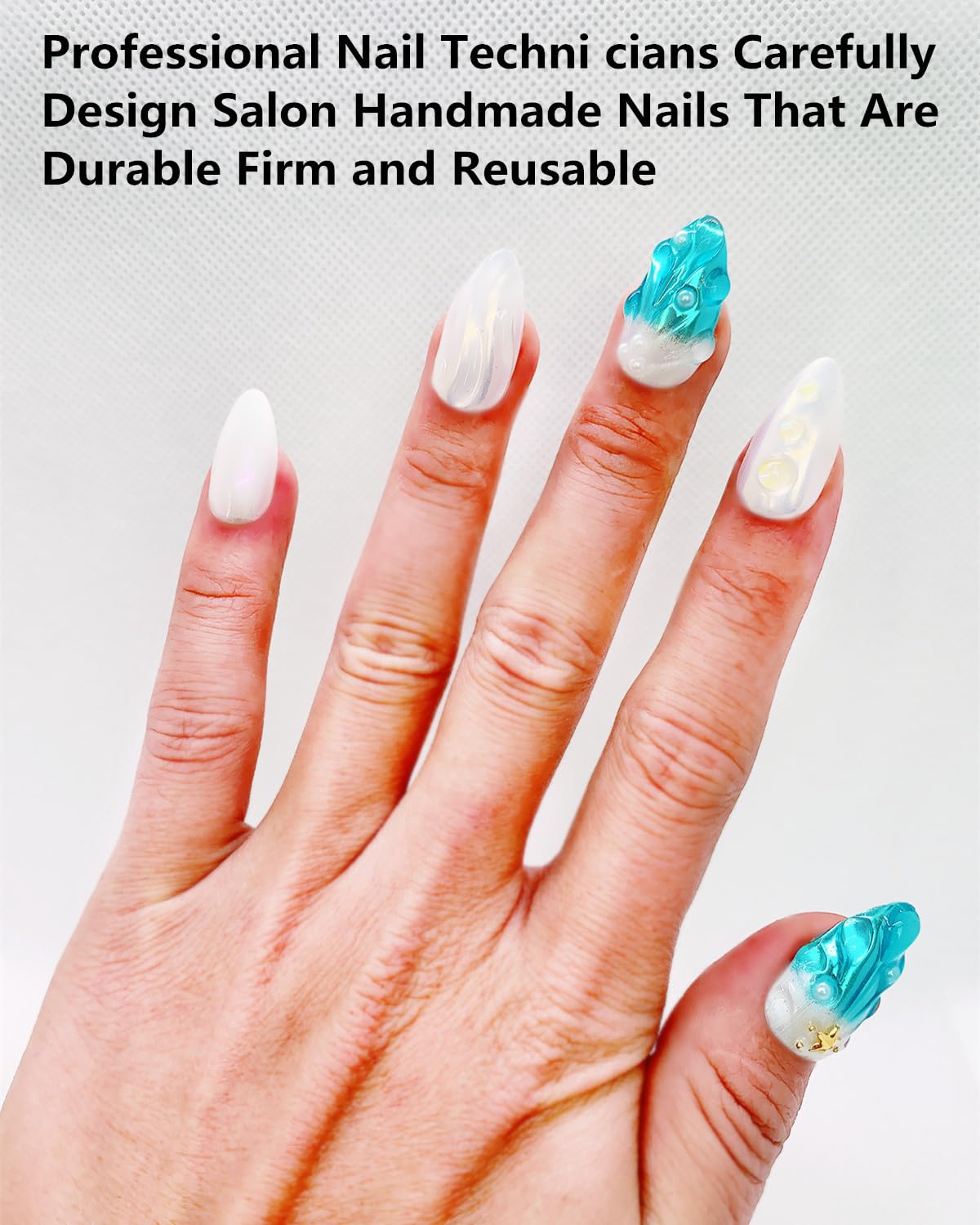 CAMILCY Handmade Nails Press on Almond Nail Pointed Green Gold Crystal Glitter Design Hand painted Reusable Gel UV Finished Pre shaped False Nails for Women 10pcs 3D Handmade Nails (A081, M)