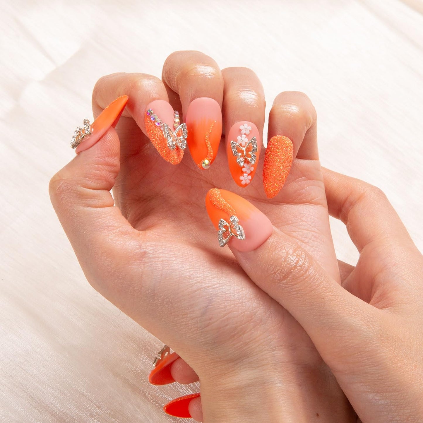 LOVFUL Press on Nails Citrus Bloom | Handmade with Full Covered Crystals | Reusable Fake Nails | Almond Regular 1.0 in | H209-L