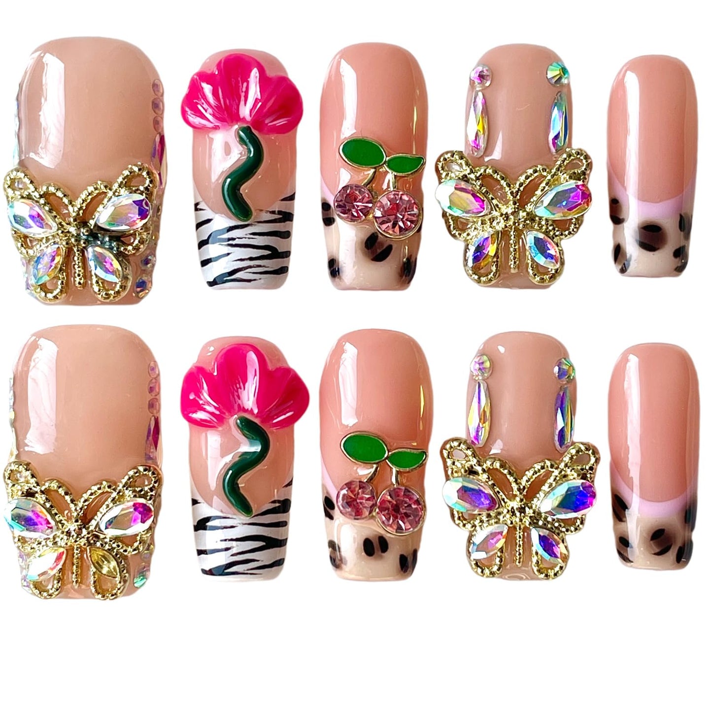 Handmade Press On Nails, Short Medium Square Nude Pink with 3D Butterfly & Flower Design, Reusable Acrylic Fake Nails with Crystals, Blush Garden (M)