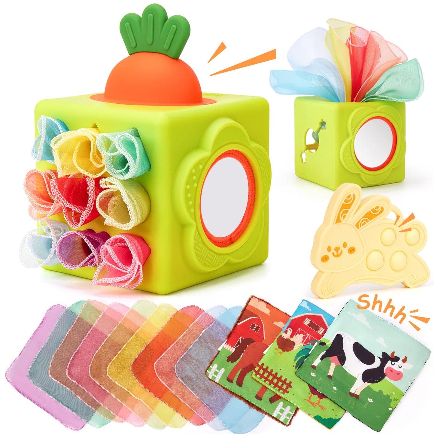 hahaland Montessori Baby Toys Bundle for 6–18 Months – Silicone Activity Tissue Box Cube & Plush Garden Stacking Toy, Fine Motor, Sensory & Early Learning Gifts for Boys & Girls