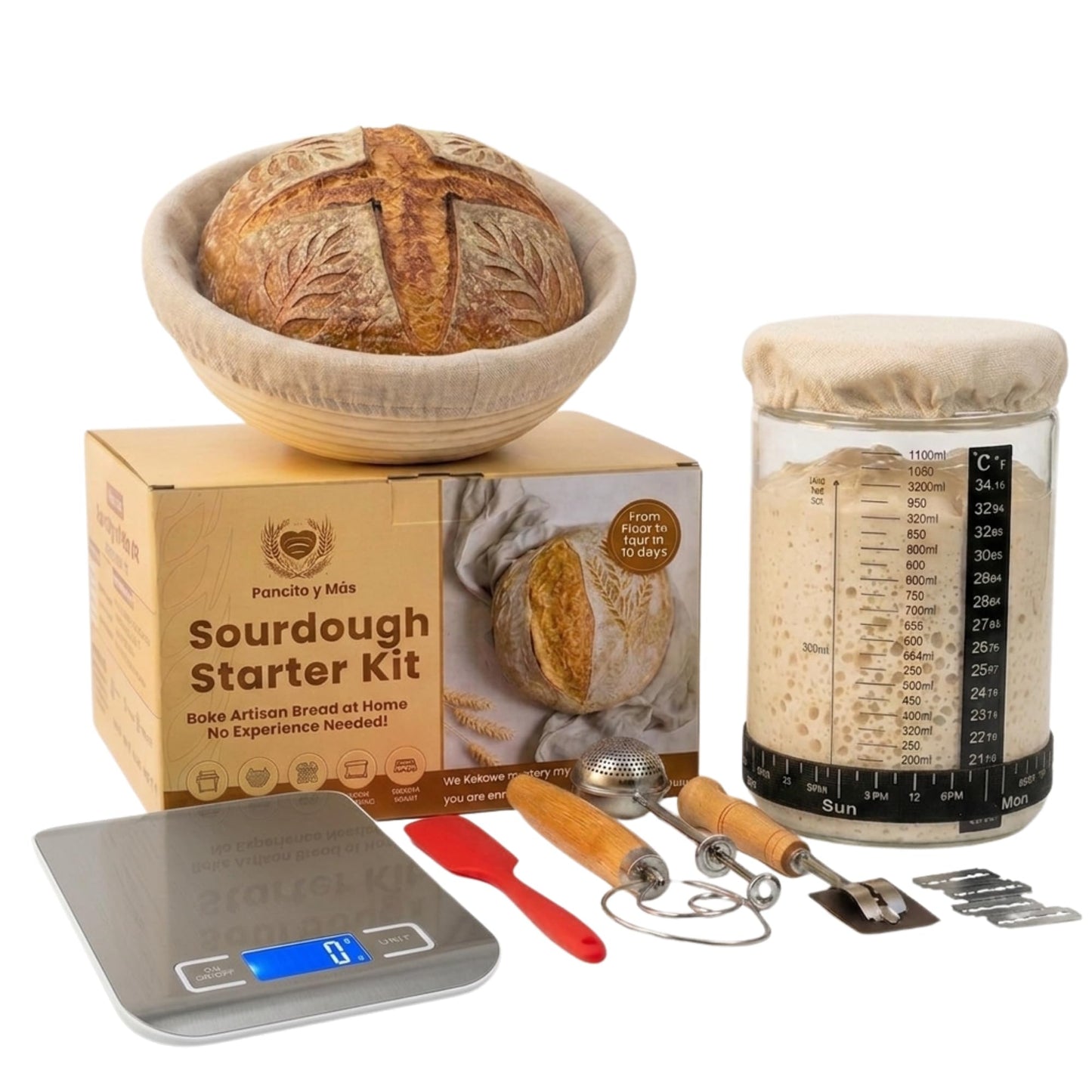 Pancito y Más Sourdough Starter Kit with Digital Scale & 37oz Jar – 12-Piece Complete Bread Baking Set for Beginners with Banneton, Bread Sling & Step-by-Step Guide