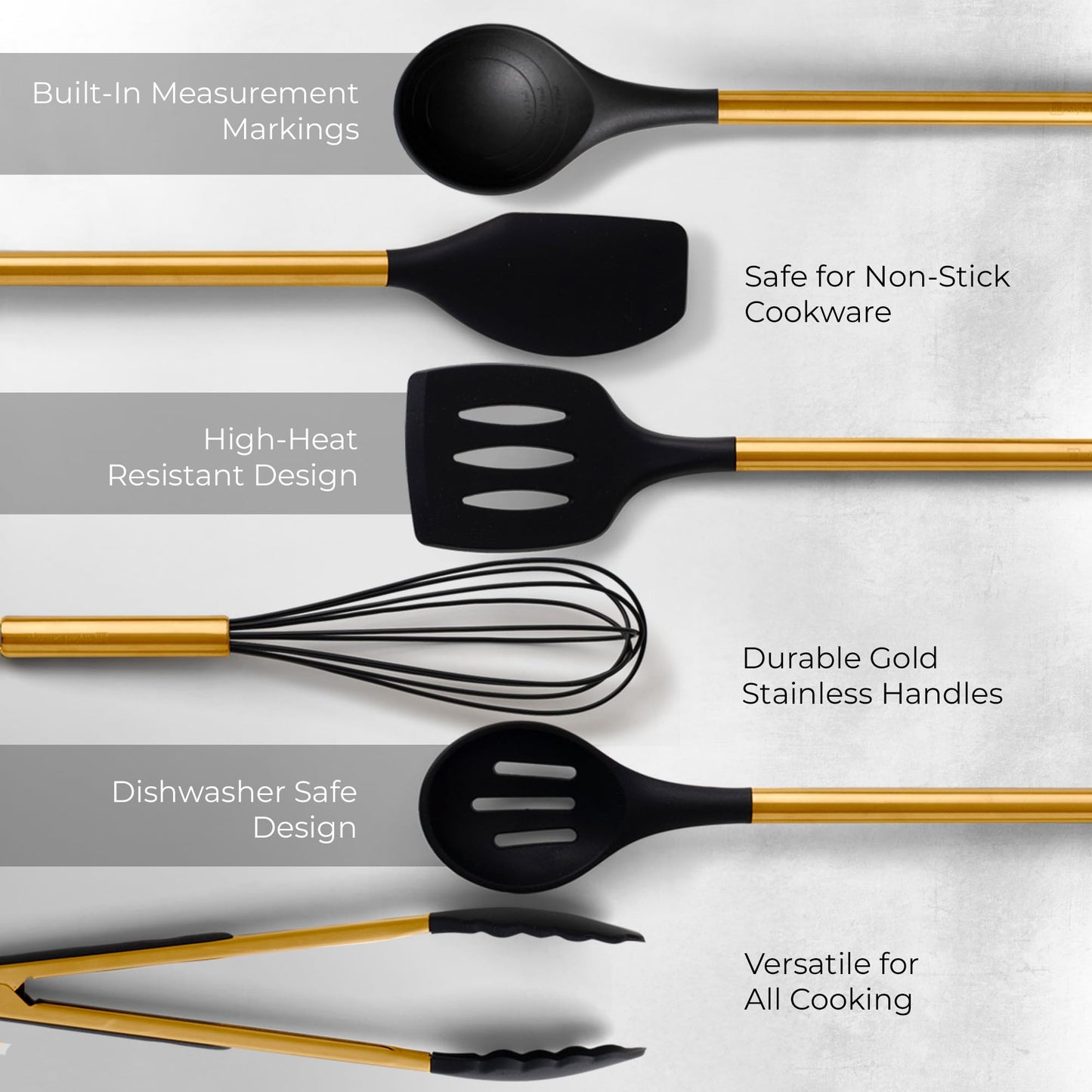 STYLED SETTINGS Black and Gold Kitchen Utensils Set – 8 Piece Silicone Cooking Utensils with Gold Handles, Black Ceramic Utensil Holder & Spoon Rest – Heat Resistant, Nonstick Safe, Sleek Storage