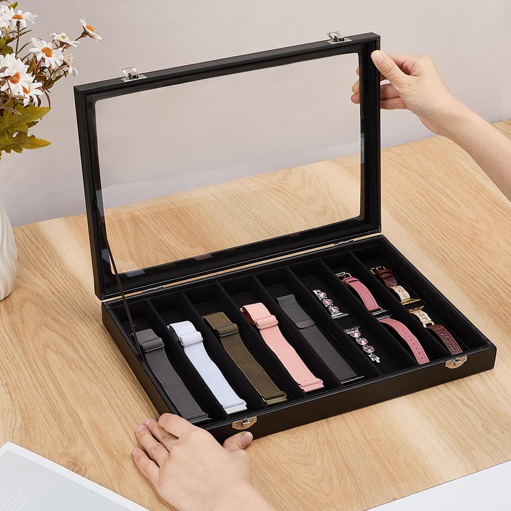 PH PandaHall 8 Slot Necklace Display Boxes, PU Leather Necklace Holder Organizer with Clear Window Watch Display Tray for Retail Store Jewelry Storage Stackable Necklace Display, Black