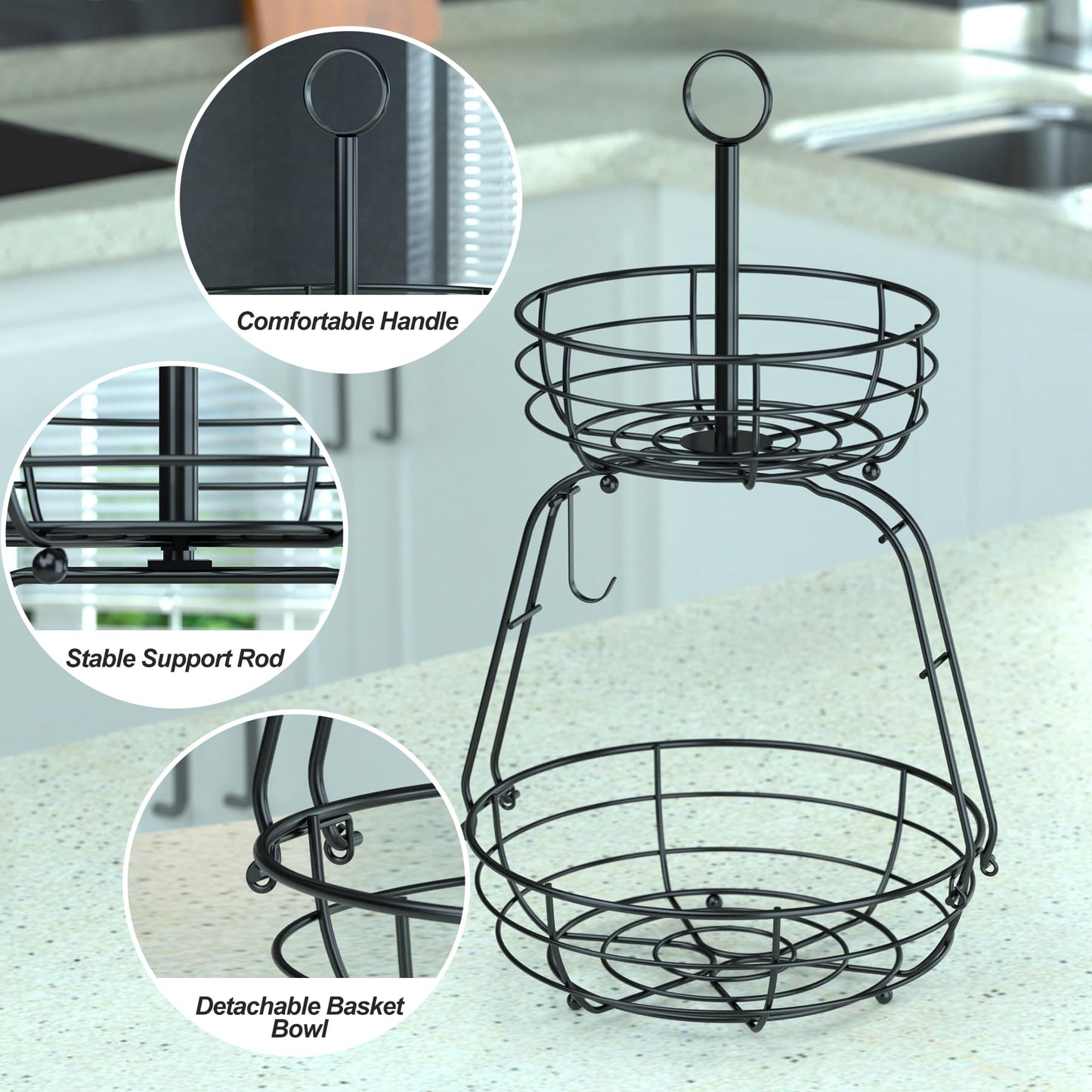 ASTLIHO House Warming Gifts New Home, Fruit Basket for Kitchen Counter, 2 Tier Countertop Fruit Bowl Vegetable Baskets with Banana Hanger, Storage Basket for Snack, Home Decor, Kitchen Appliances