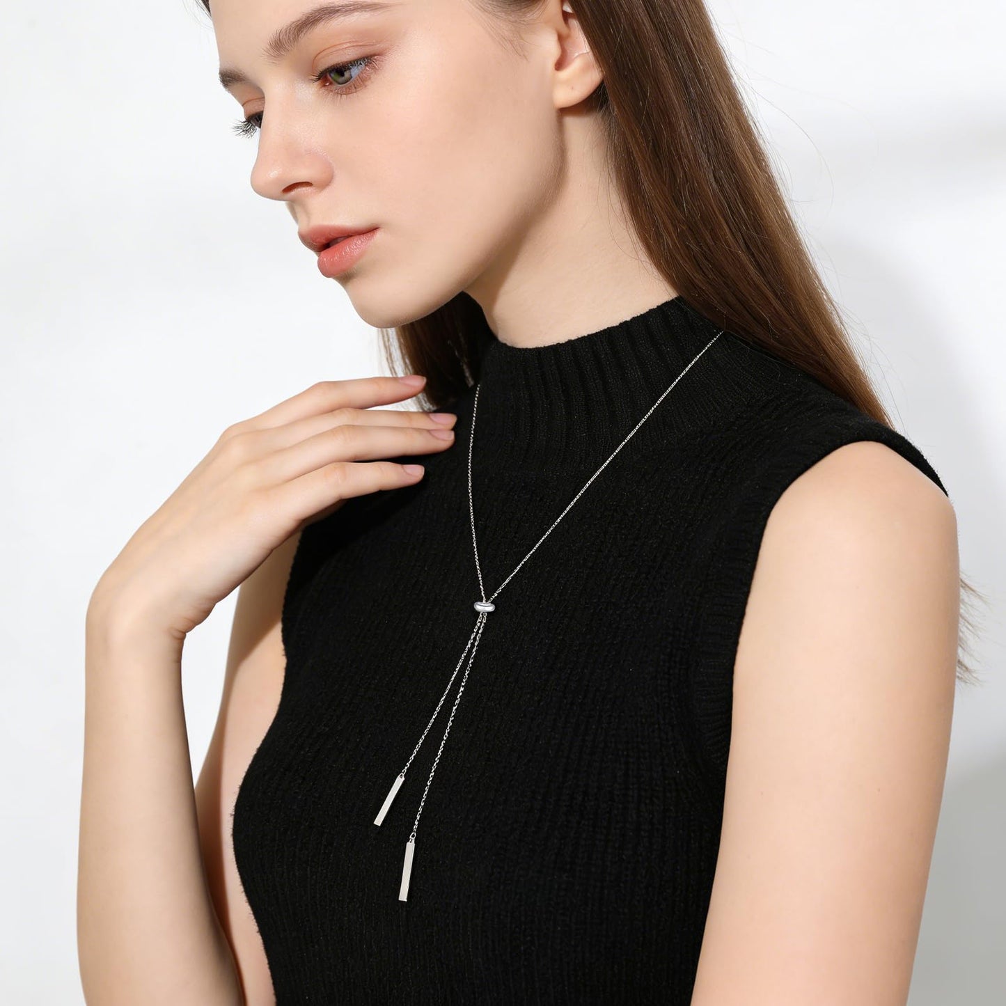 DAOCHONG Long Bar Necklace for Women Sterling Silver Bar Y Lariat Long Chain Drop Adjustable Necklace Gift for Her, 30"