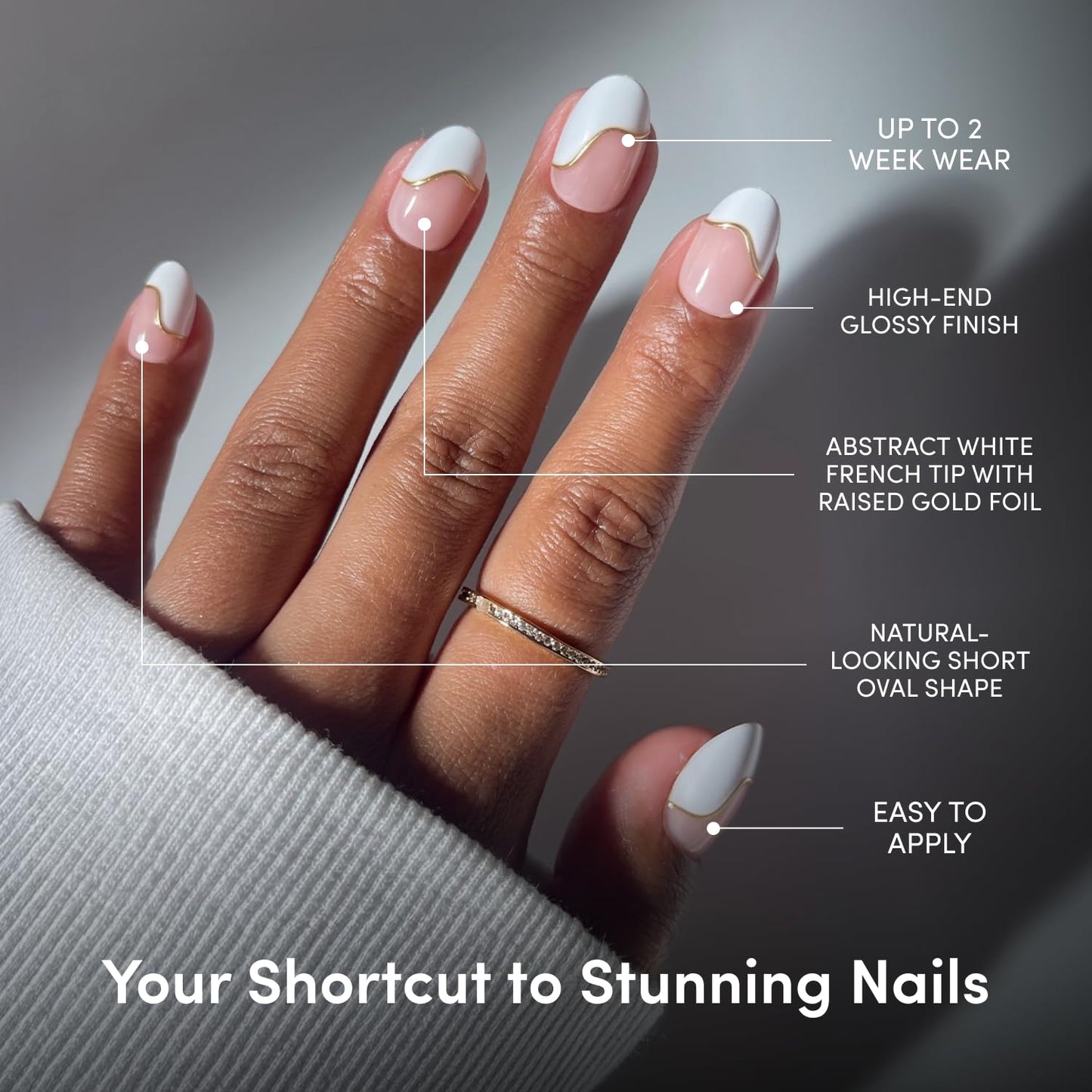 Glamnetic Press On Nails - Short Oval Fake Nails with Abstract White French Tips, Glossy Finish | Salon Quality Vacation Nails | French Muse | 15 Sizes - 30 Nail Kit with Glue