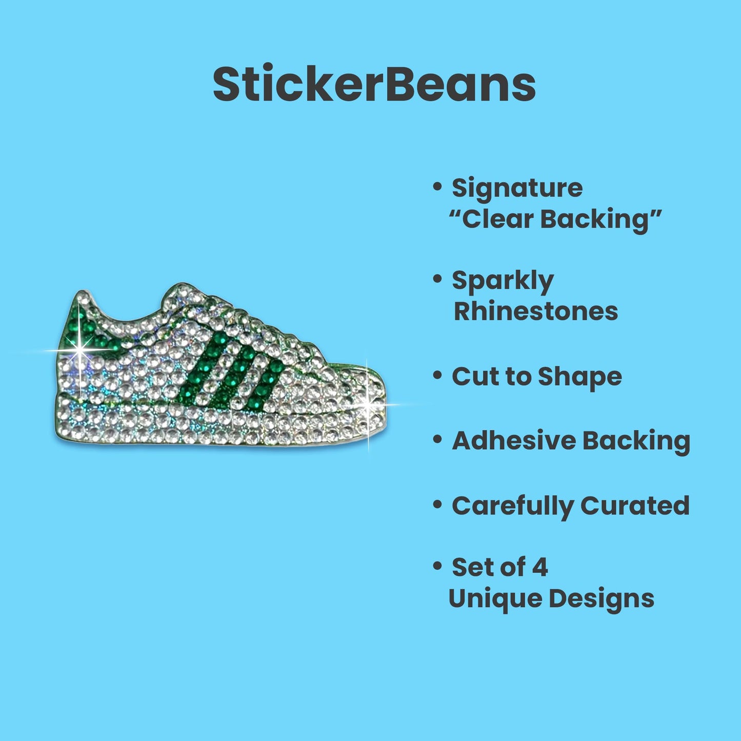 StickerBeans® Rhinestone Stickers - Green Team Spirit Sticker Pack, 2” x 2” Each, Unique Sparkly Cut-to-Shape for Collecting, Trading, Decorating Laptops, Phone Cases, Scrapbooks