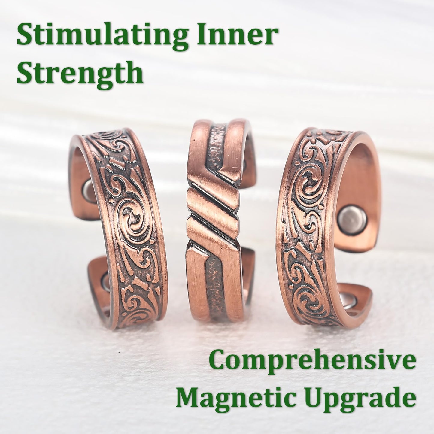 Fashtour 3 Copper Rings for Men, 99.9% Pure Copper Magnetic Rings, Vintage Pattern Adjustable Cuff Ring