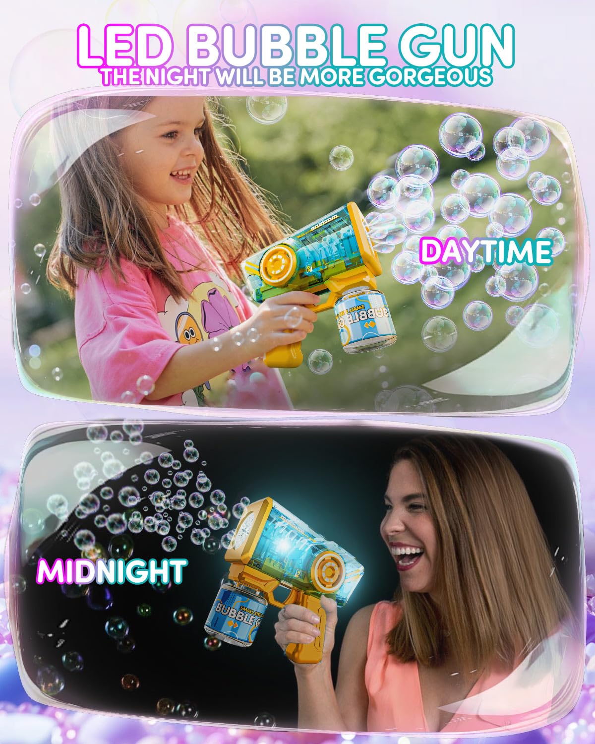 Snowalva Bubble Gun 2 Packs for Kids, Automatic Bubble Machine with 2 Bottles &25 Bags Refill Solution, LED Light Bubble Maker Gifts for Kids Boys&Girls Ages 3+ Thanksgiving Christmas