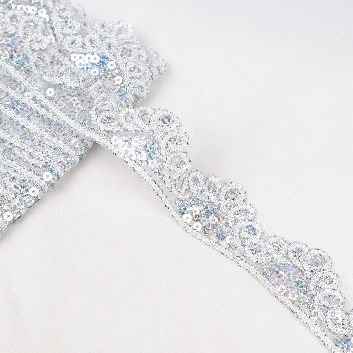 Silvery Lace Trim 5 Yards Beaded Lace Ribbon Applique Sequin Lace Mesh Trim for Sewing Crafts 1.6inch