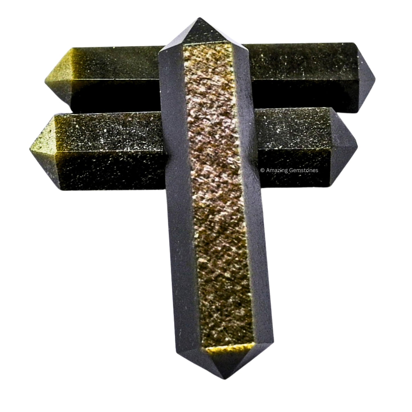 Amazing Gemstone Gold Sheen Obsidian Crystal Points Bulk Healing Crystals - Pack of 3 Double Terminated Healing Wand Point Bulk Crystals for Crafts,Crystal Grid - Premium Crystals for Beginners Gifts