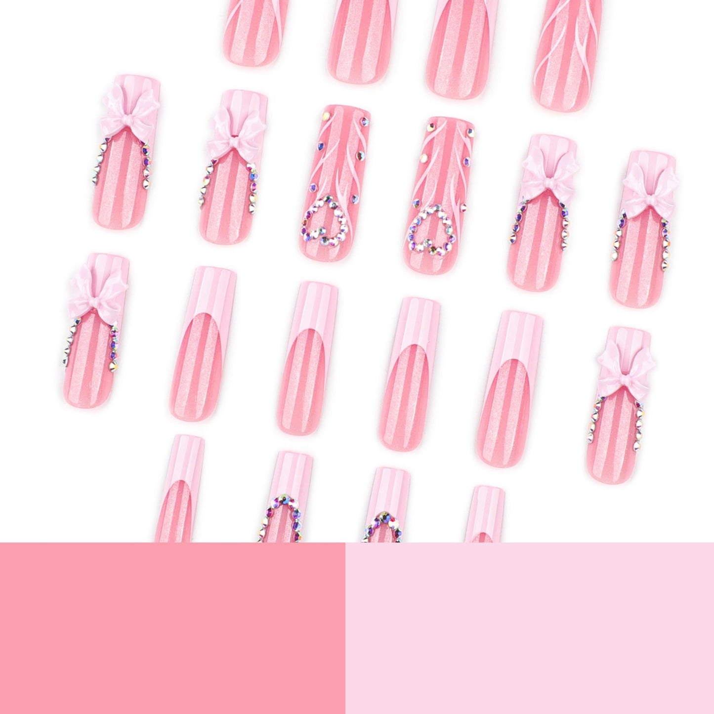 Long Press on Nails Square Fake Nails Pink Artificial Nail Seeneey Rhinestones Love Designs Bow Cute Stick on Nail for Women 24pcs